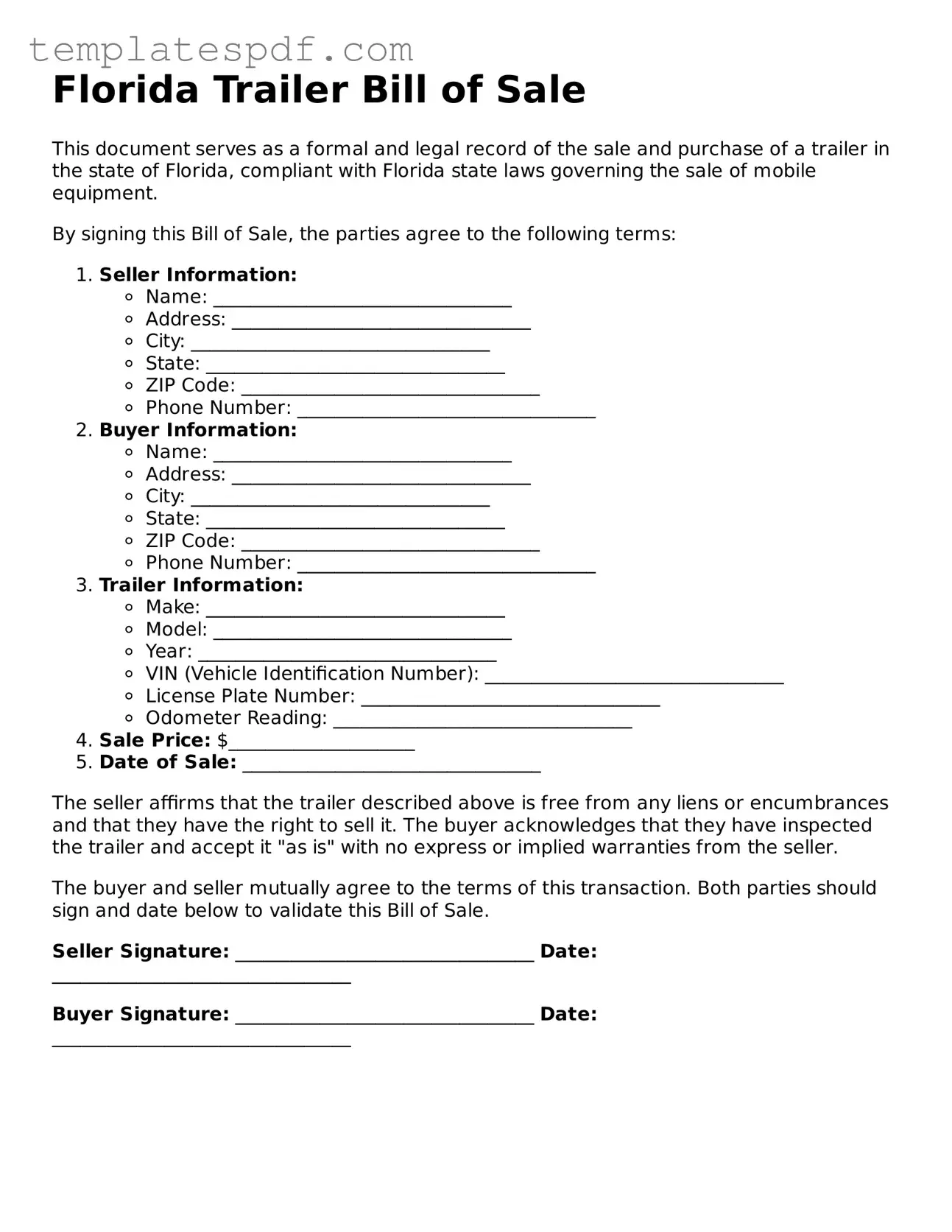 Official  Trailer Bill of Sale Form for Florida