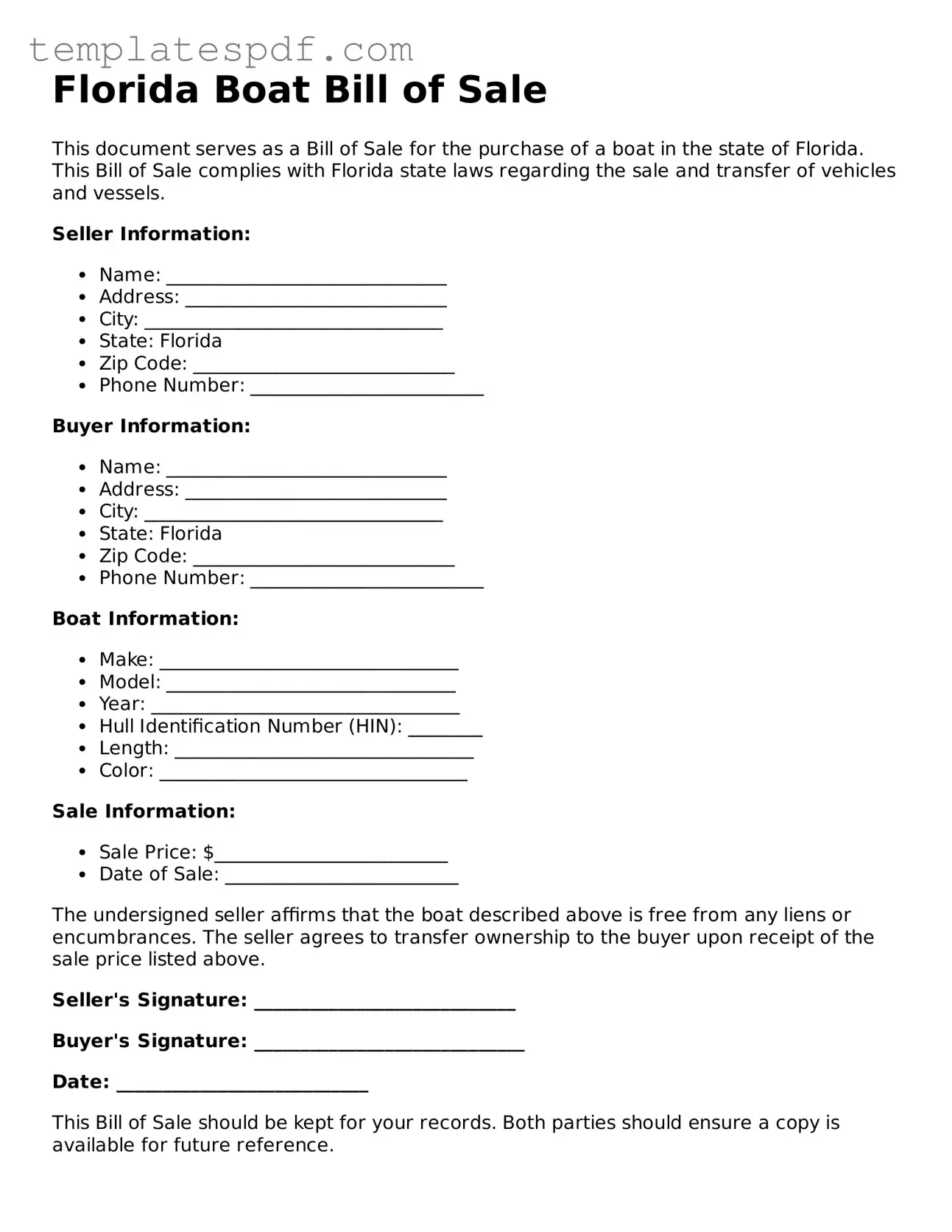 Official  Boat Bill of Sale Form for Florida