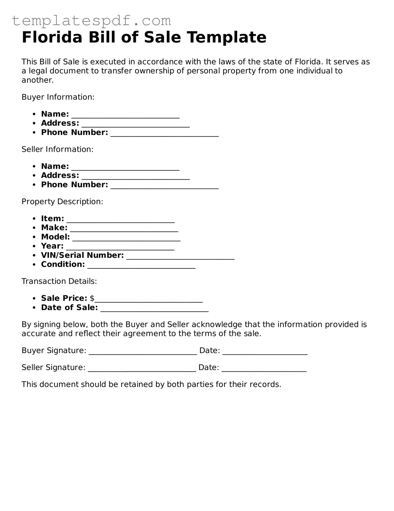 Official  Bill of Sale Form for Florida