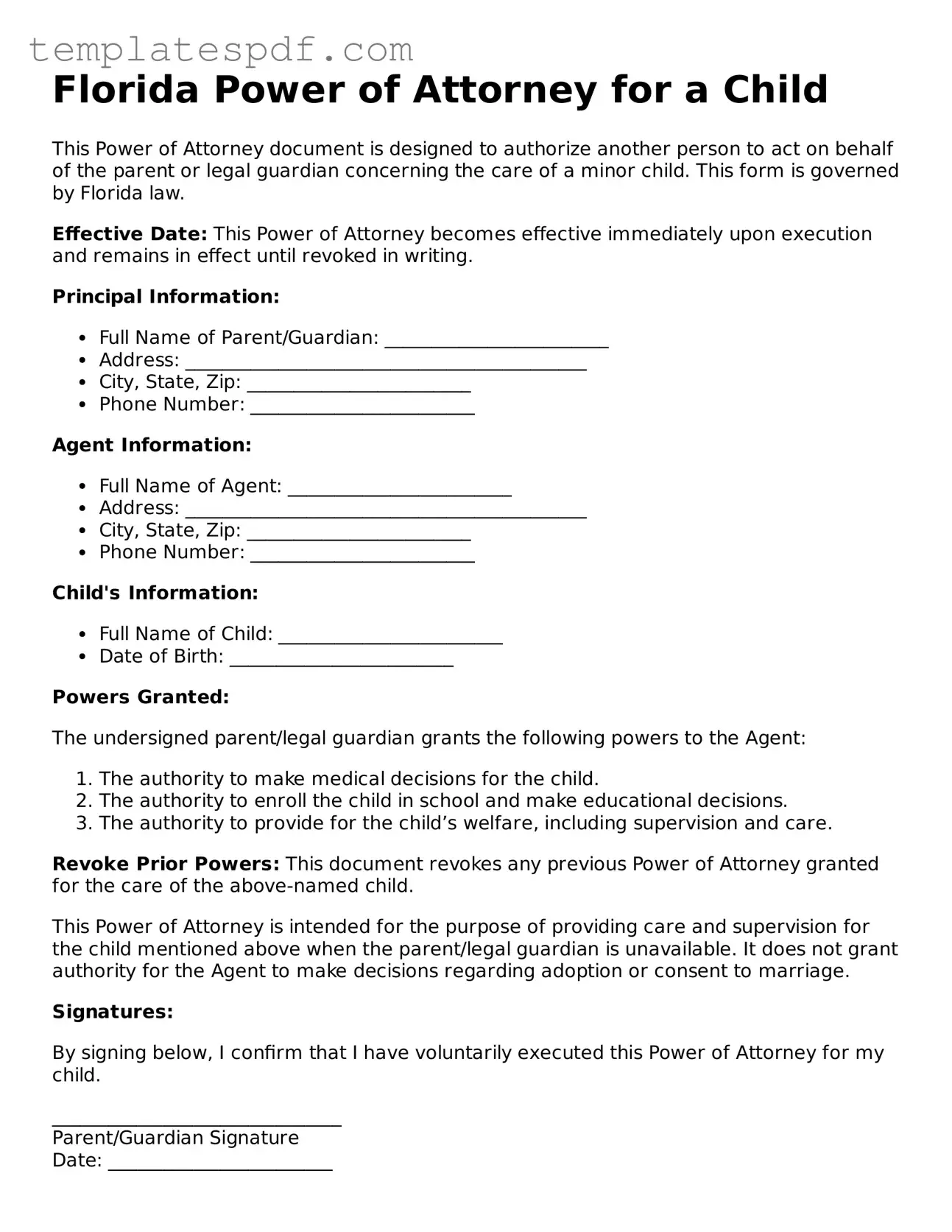 Official  Power of Attorney for a Child Form for Florida