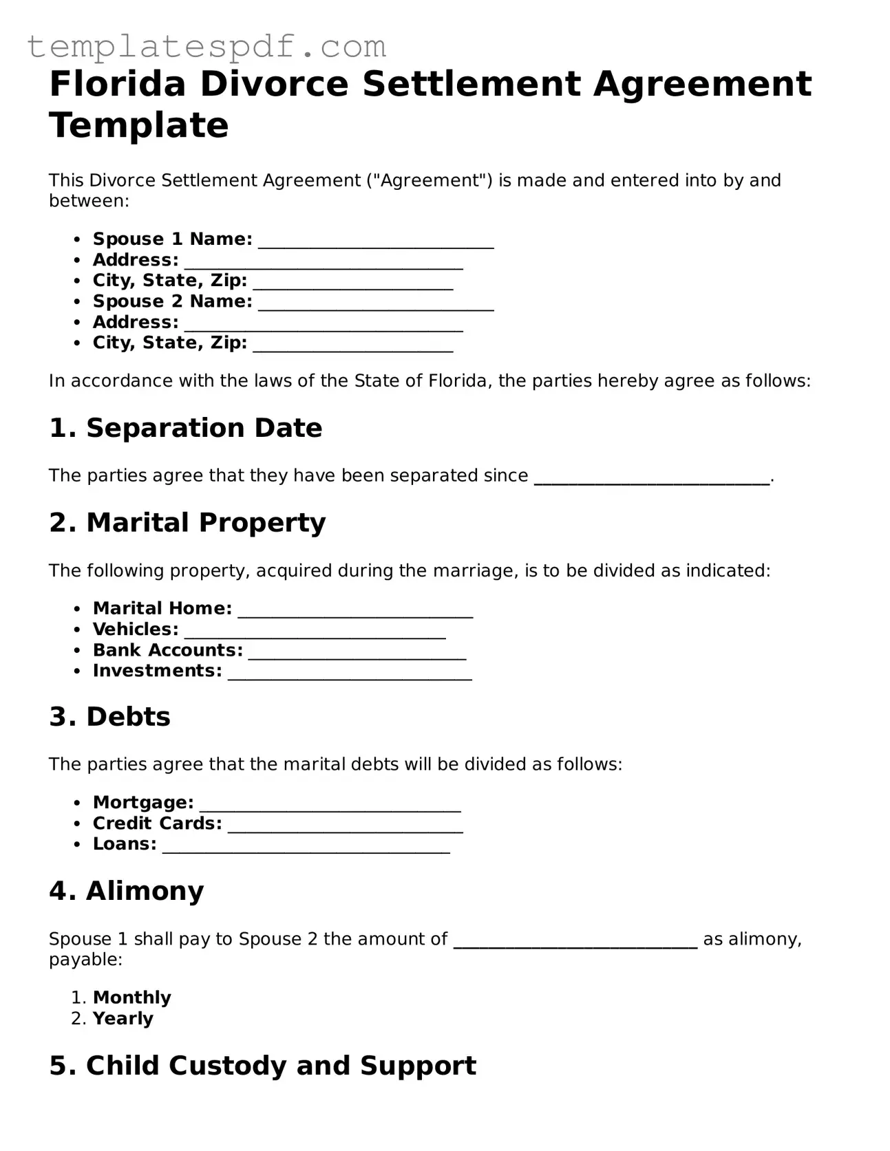 Official  Divorce Settlement Agreement Form for Florida