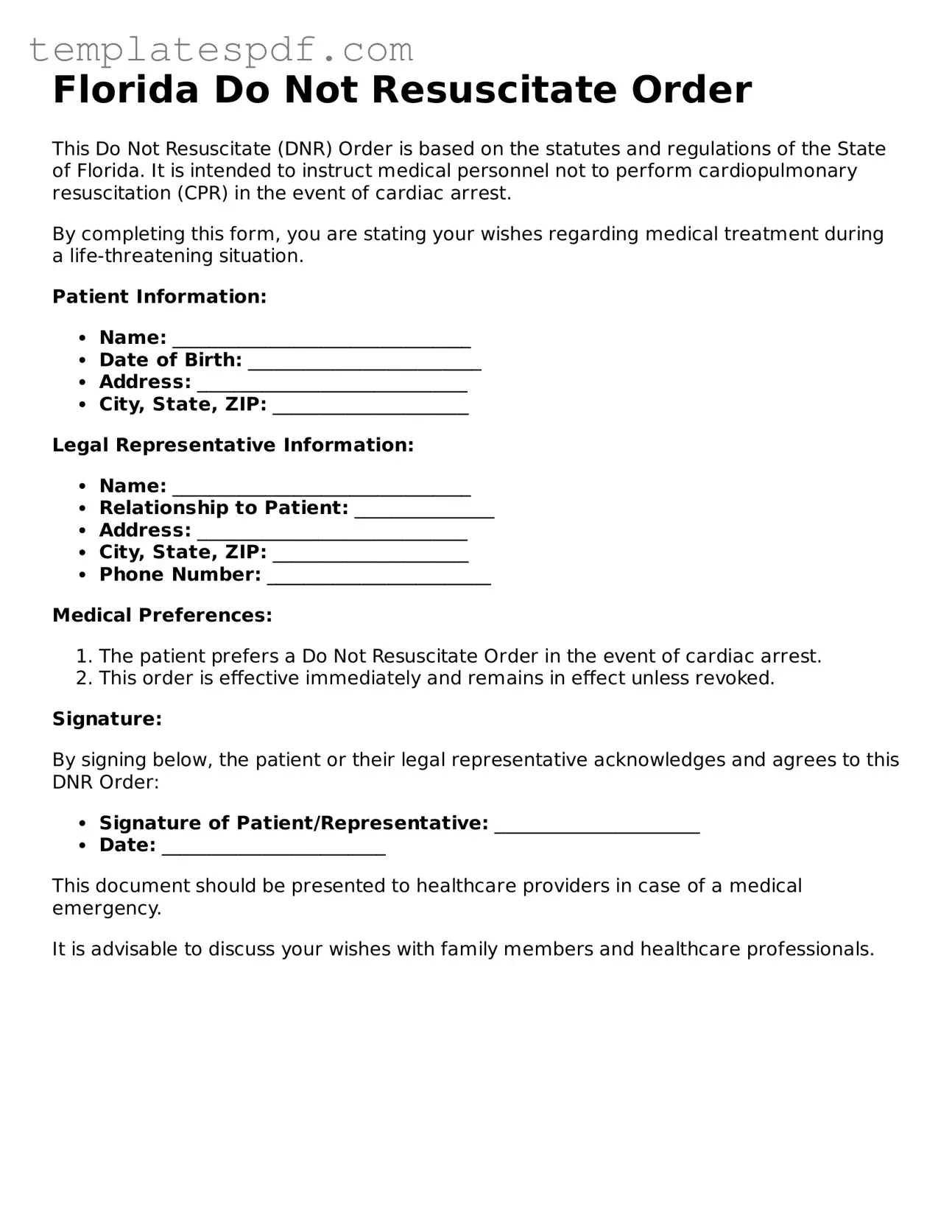 Official  Do Not Resuscitate Order Form for Florida