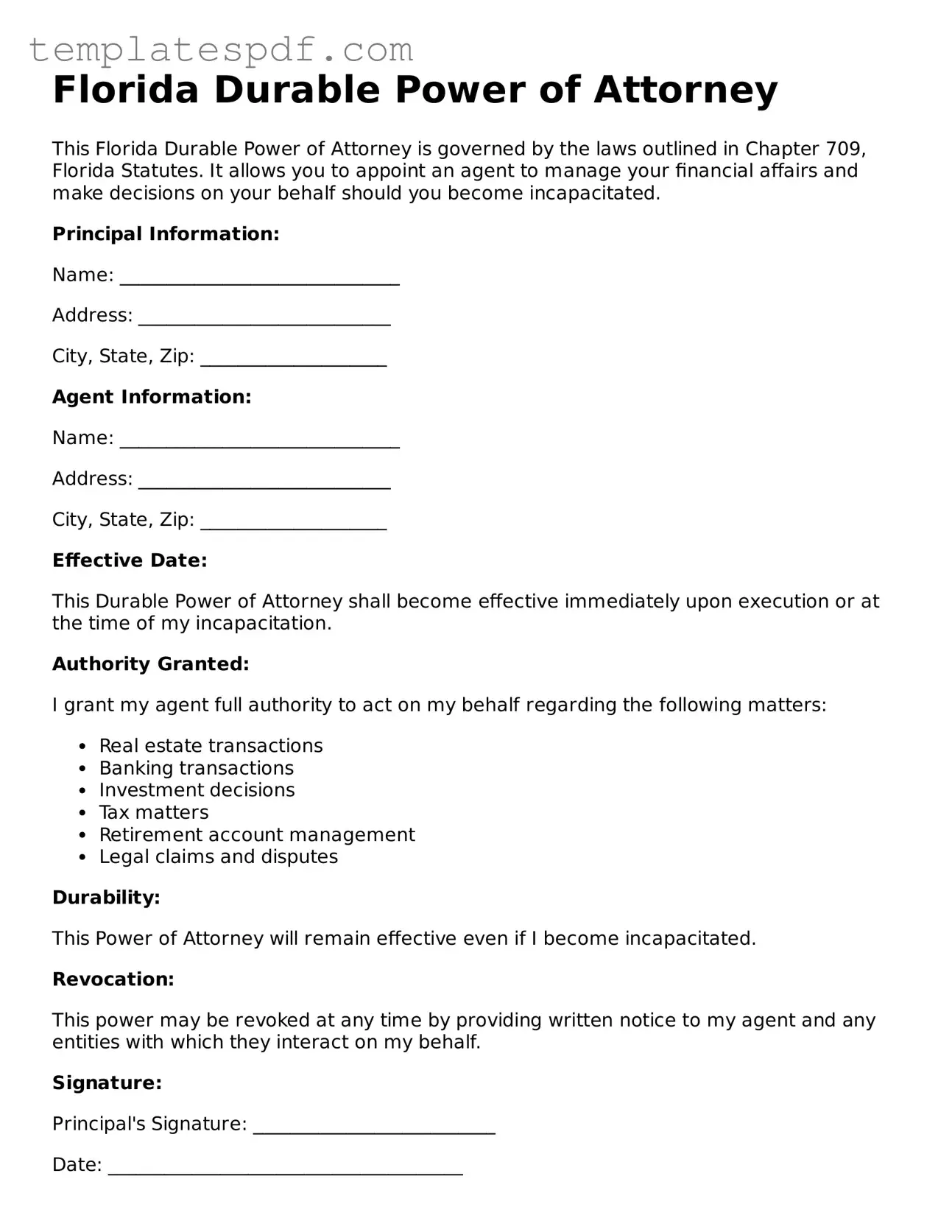 Official  Durable Power of Attorney Form for Florida