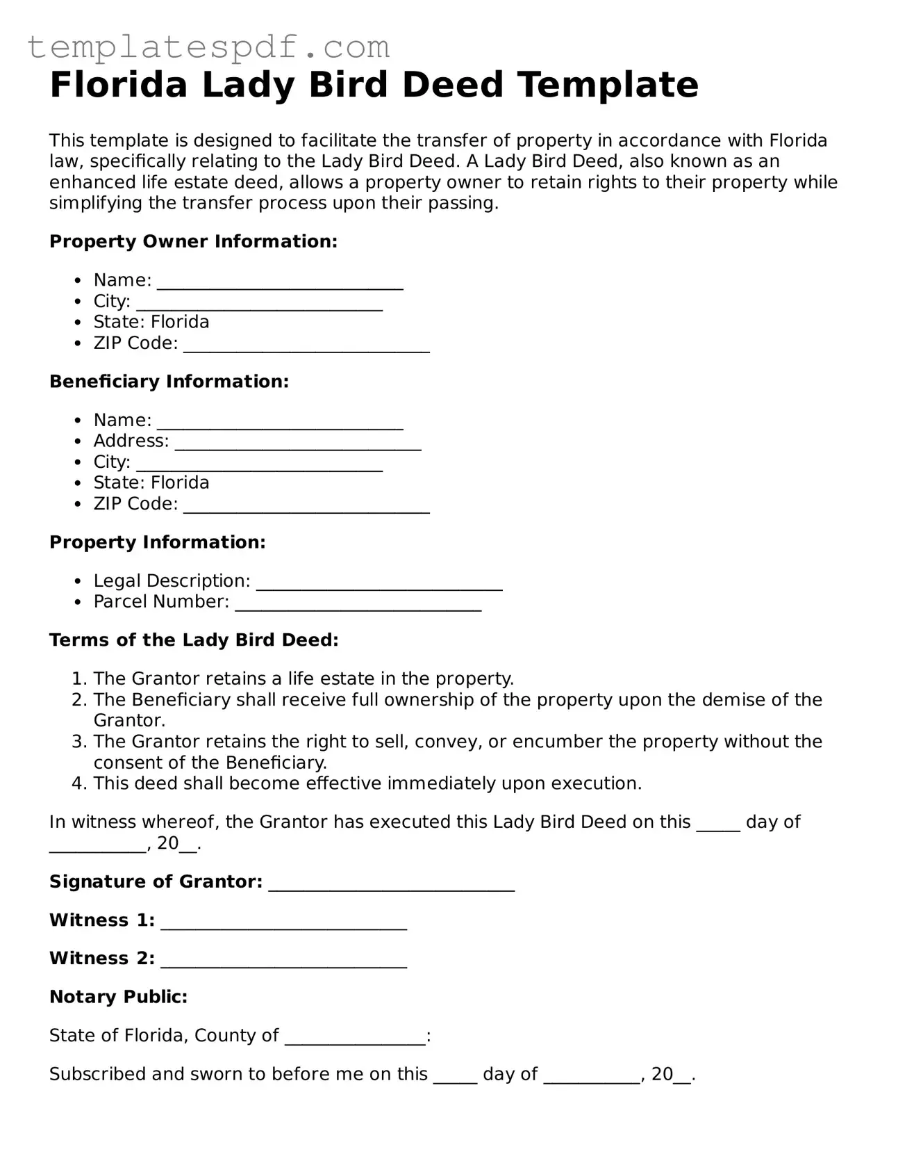 Official  Lady Bird Deed Form for Florida