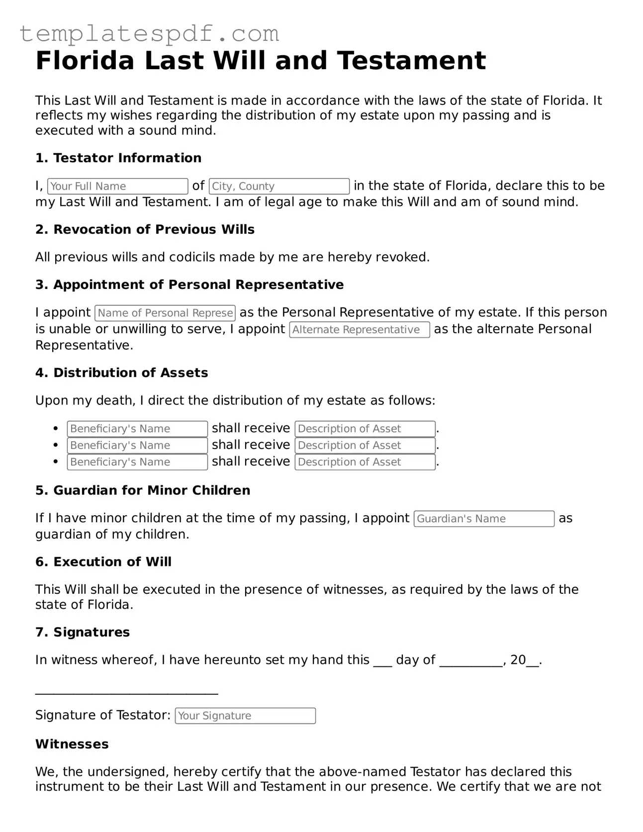Official  Last Will and Testament Form for Florida