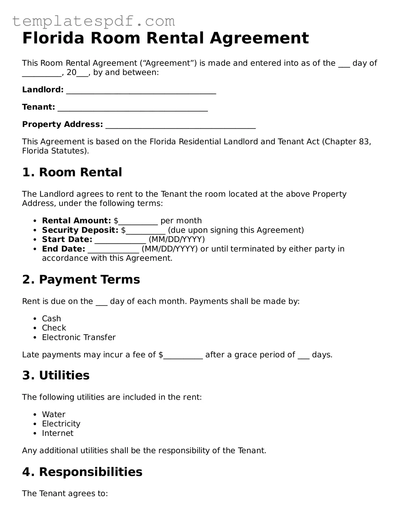 Official  Room Rental Agreement Form for Florida