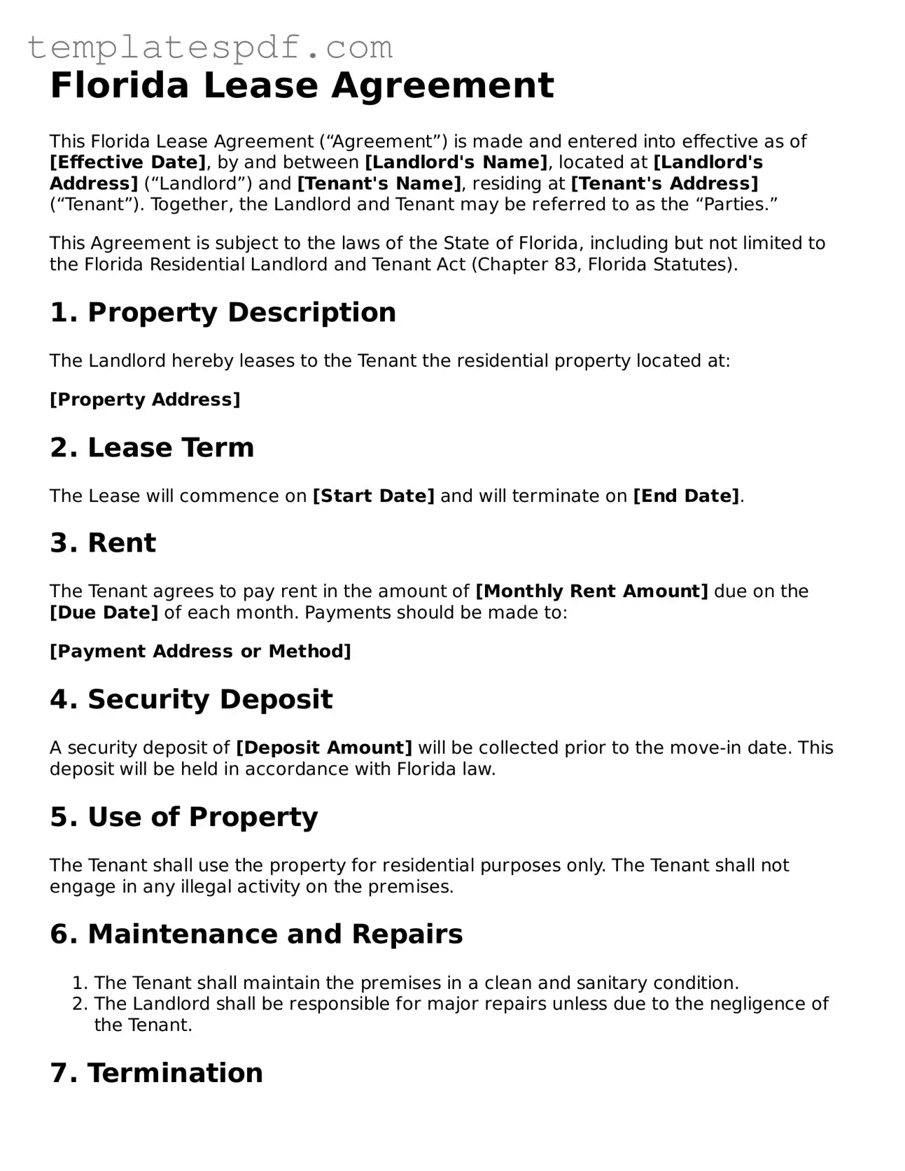 Official  Lease Agreement Form for Florida