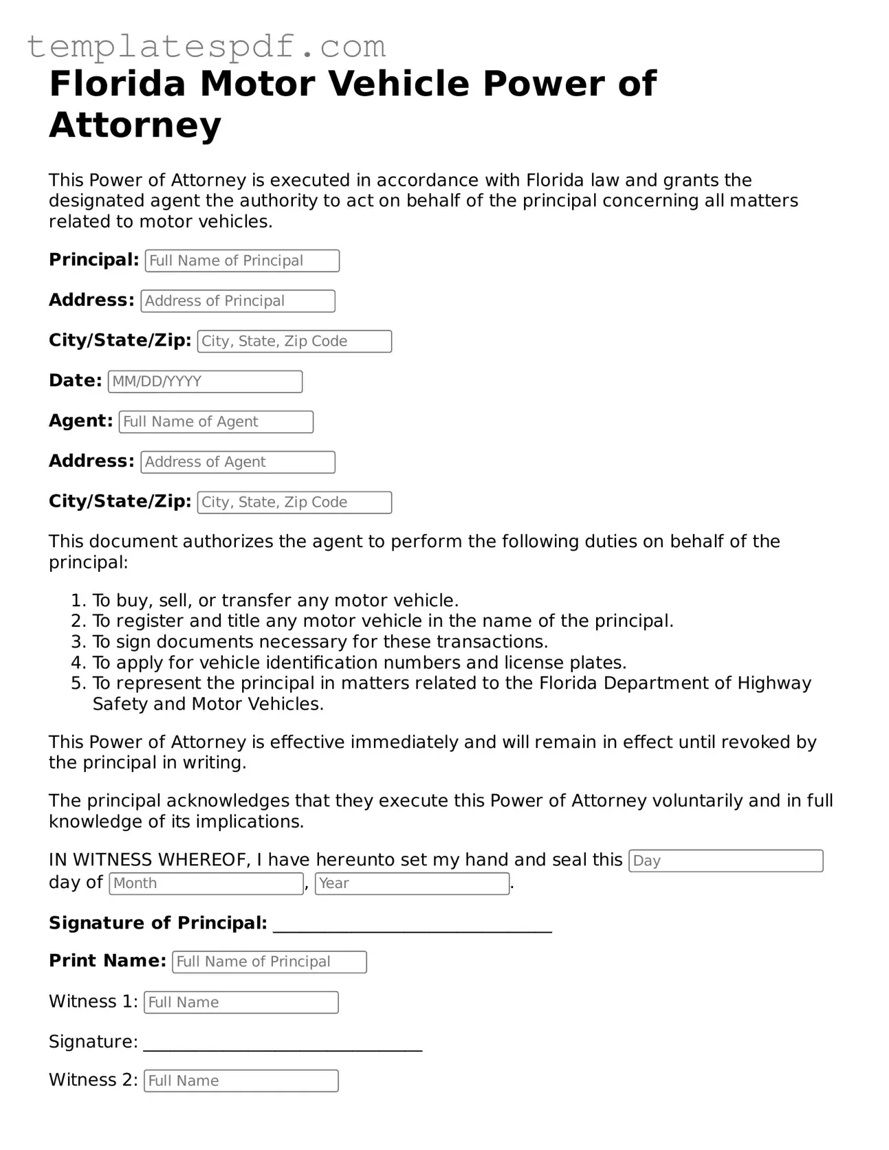 Official  Motor Vehicle Power of Attorney Form for Florida