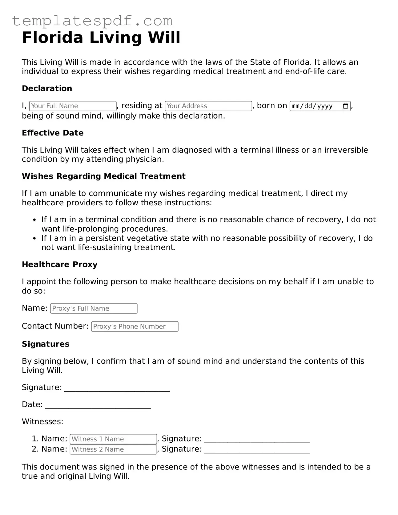 Official  Living Will Form for Florida