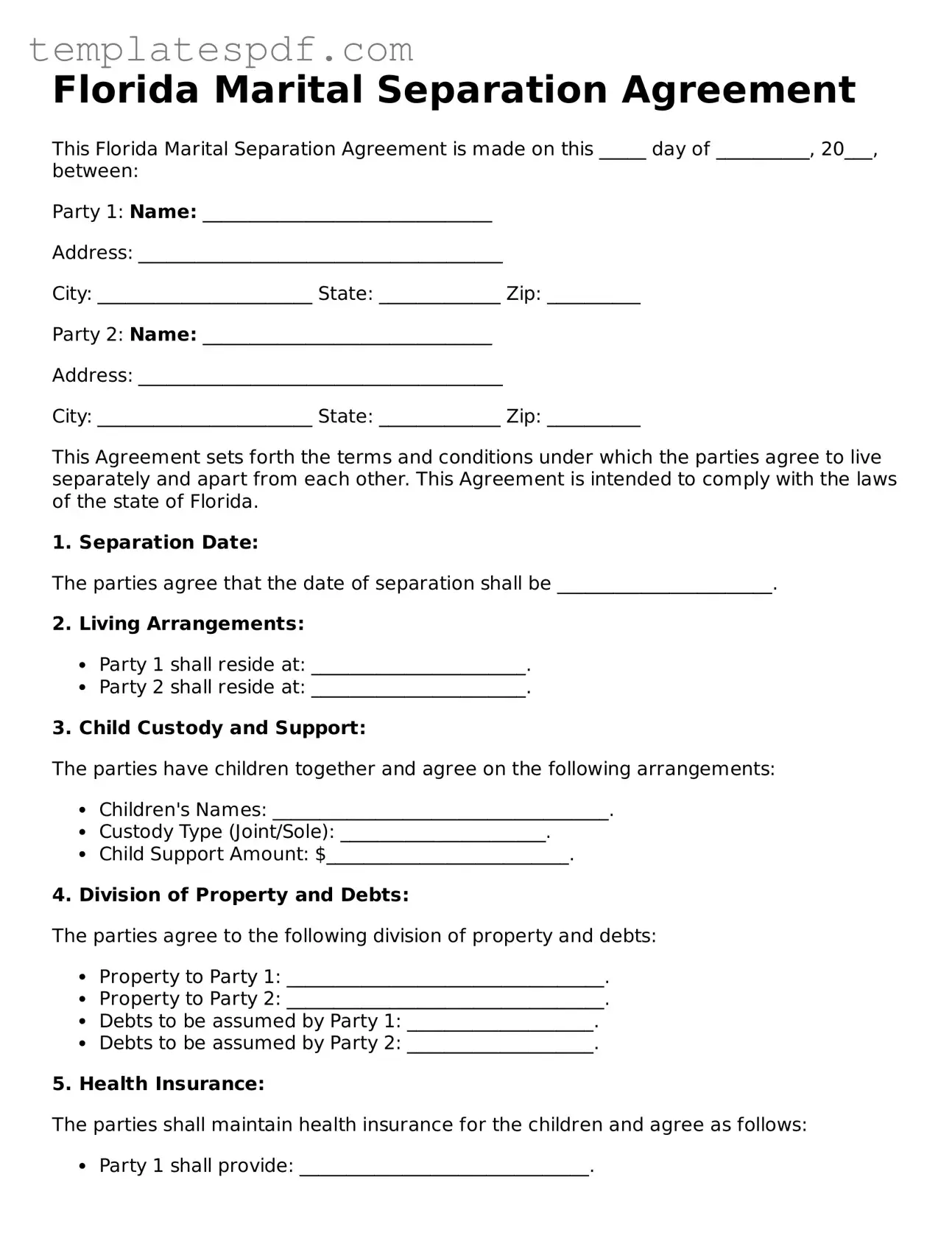 Official  Marital Separation Agreement Form for Florida