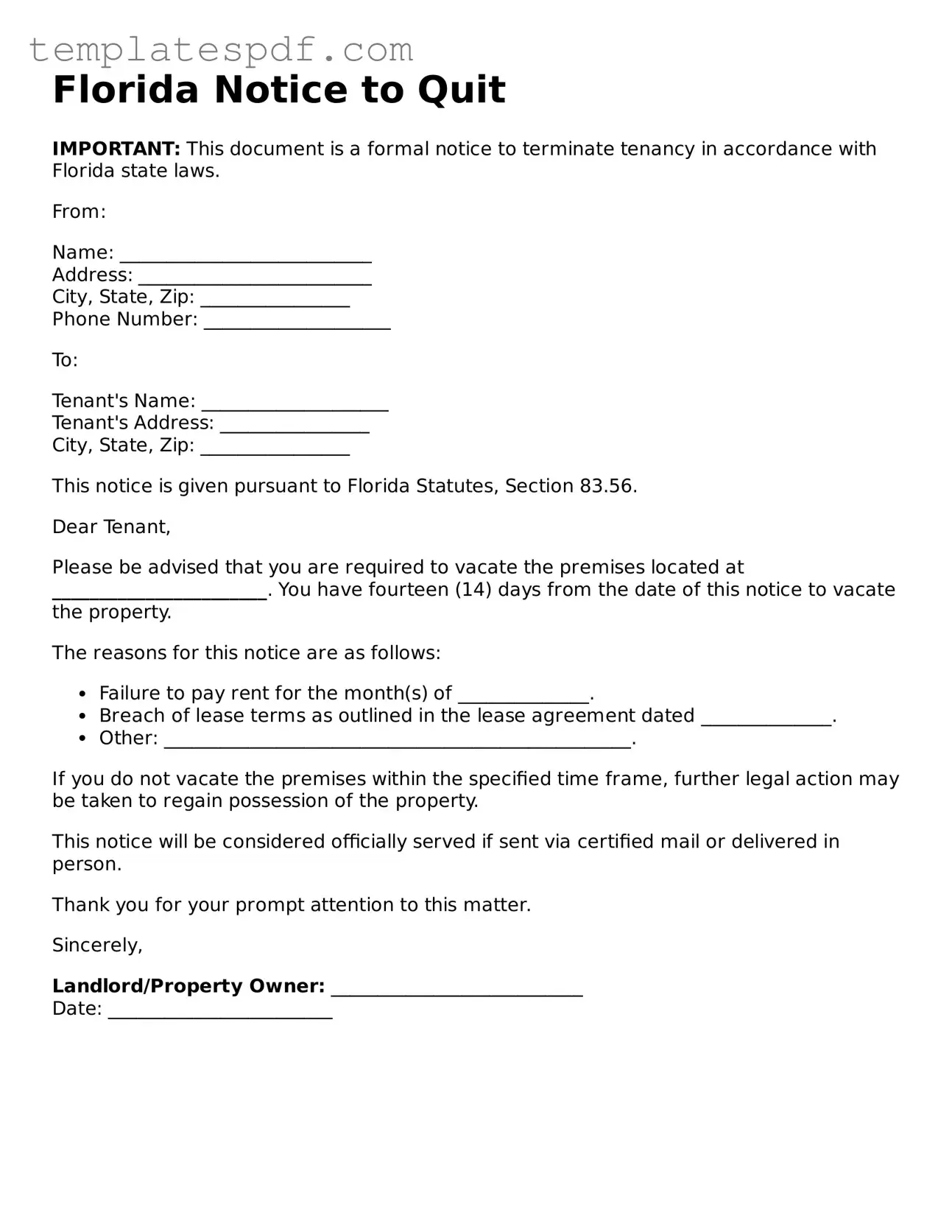 Official  Notice to Quit Form for Florida