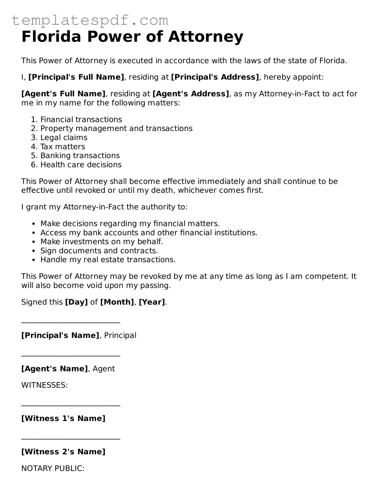 Official  Power of Attorney Form for Florida