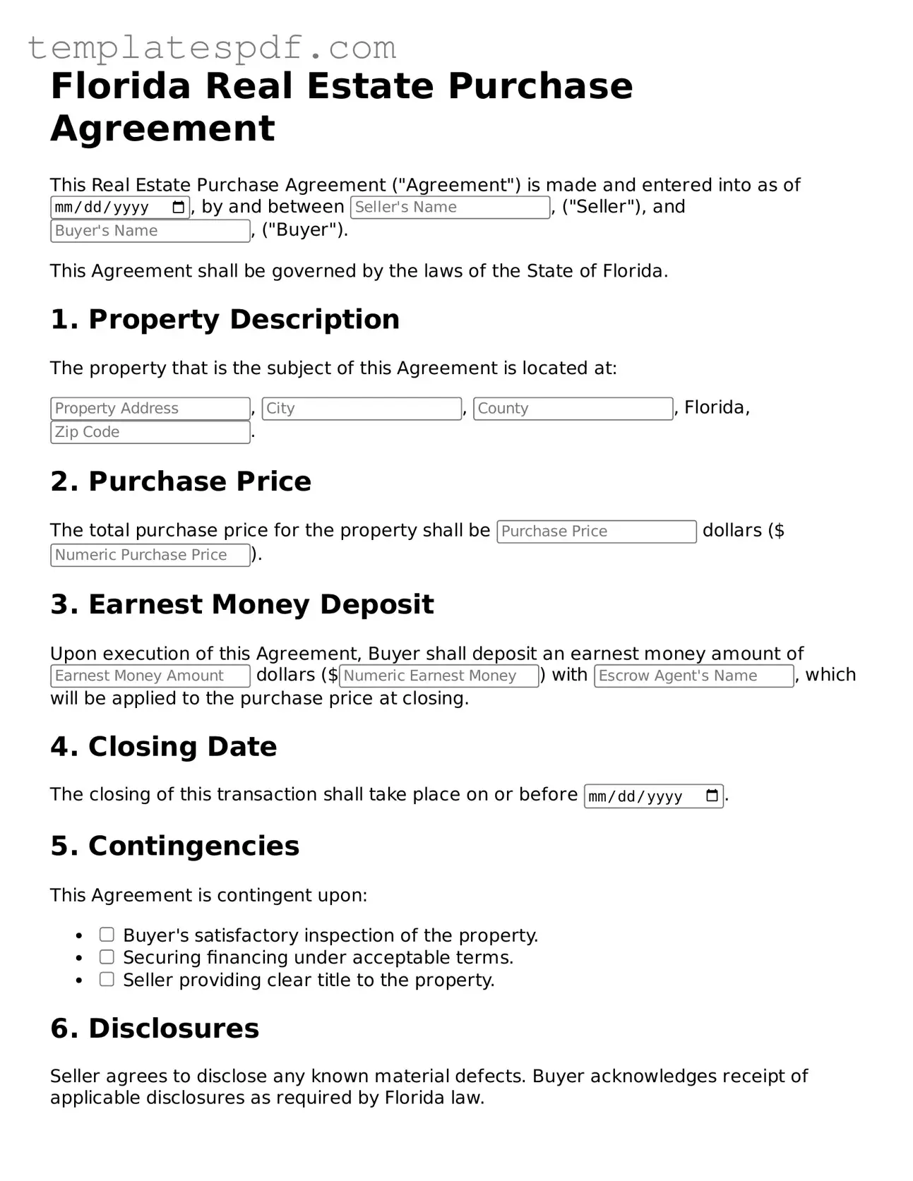 Official  Real Estate Purchase Agreement Form for Florida