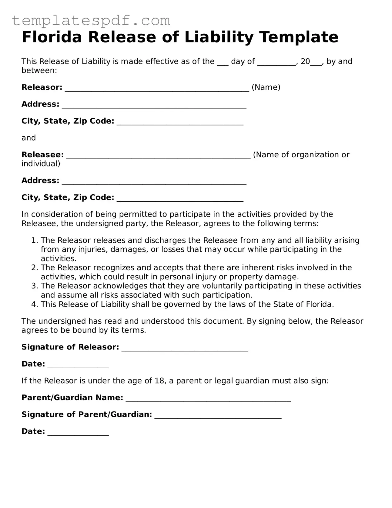 Official  Release of Liability Form for Florida