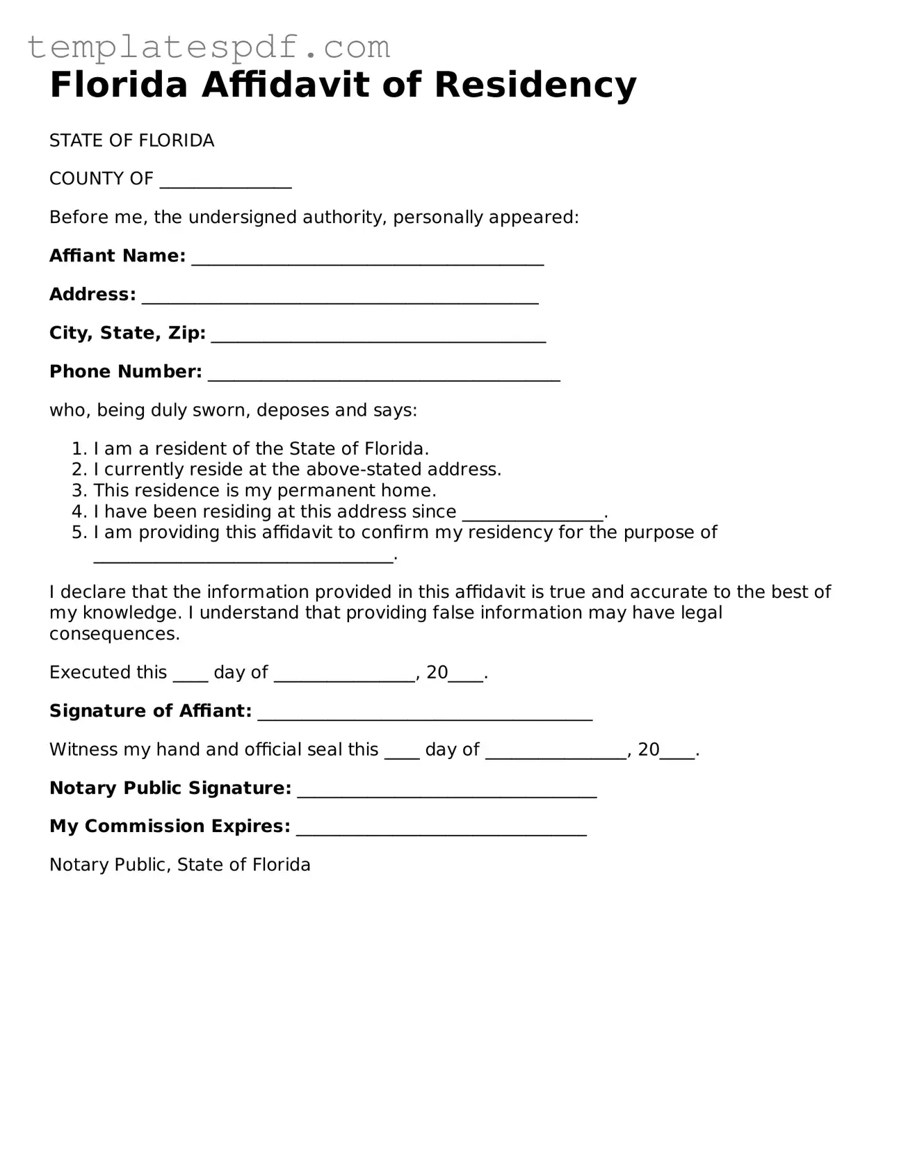 Official  Affidavit of Residency Form for Florida