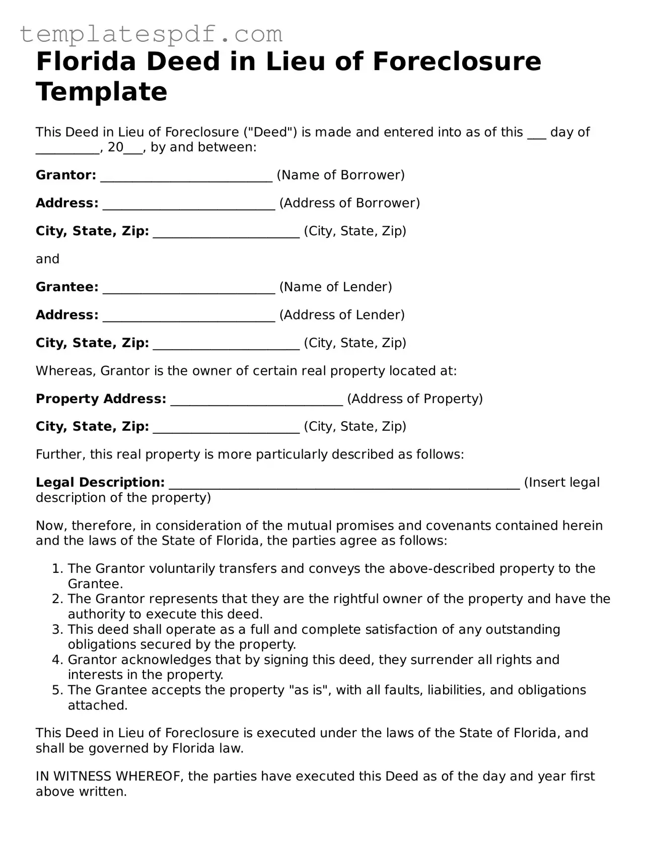 Official  Deed in Lieu of Foreclosure Form for Florida