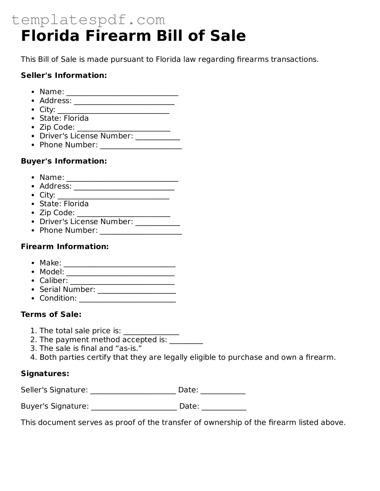 Official  Firearm Bill of Sale Form for Florida