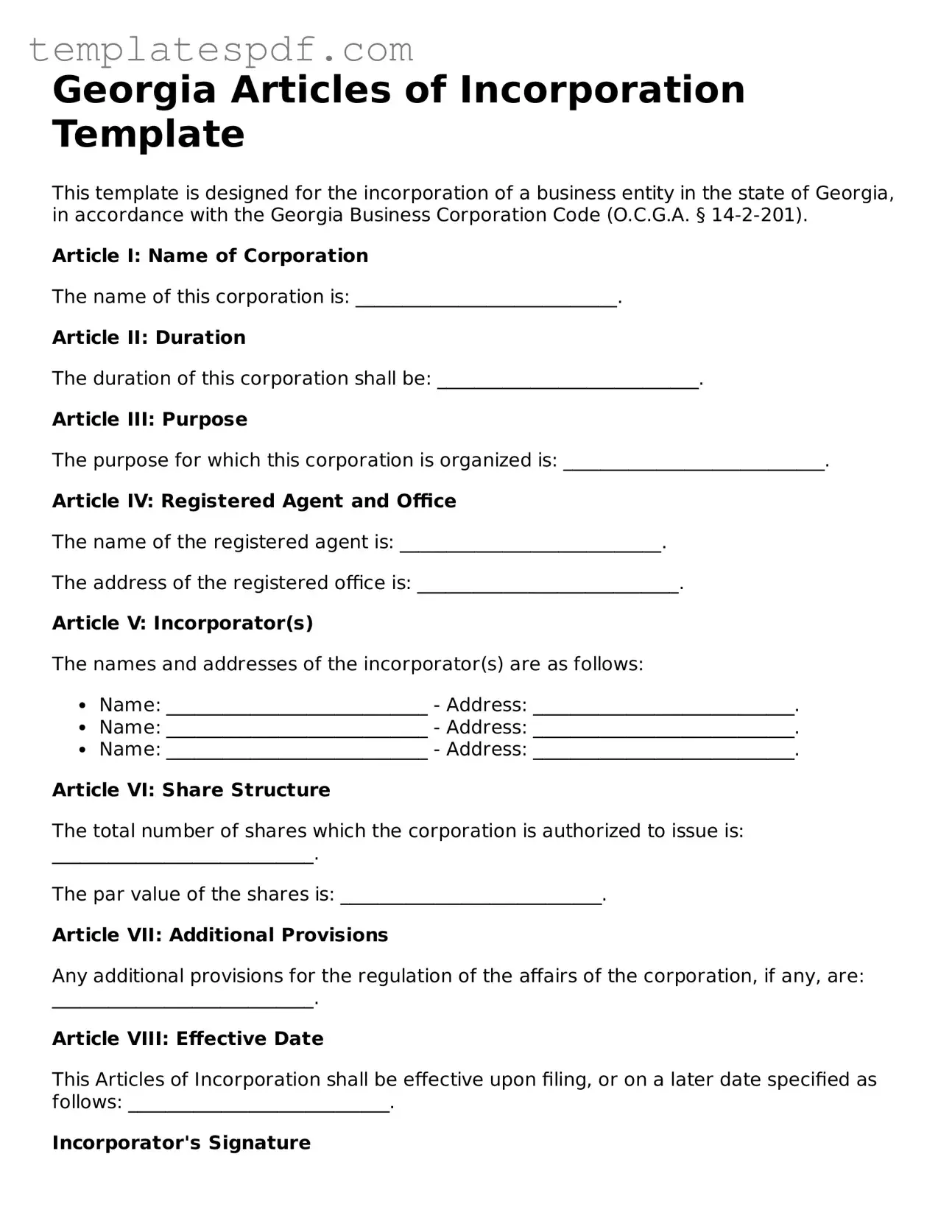 Official  Articles of Incorporation Form for Georgia