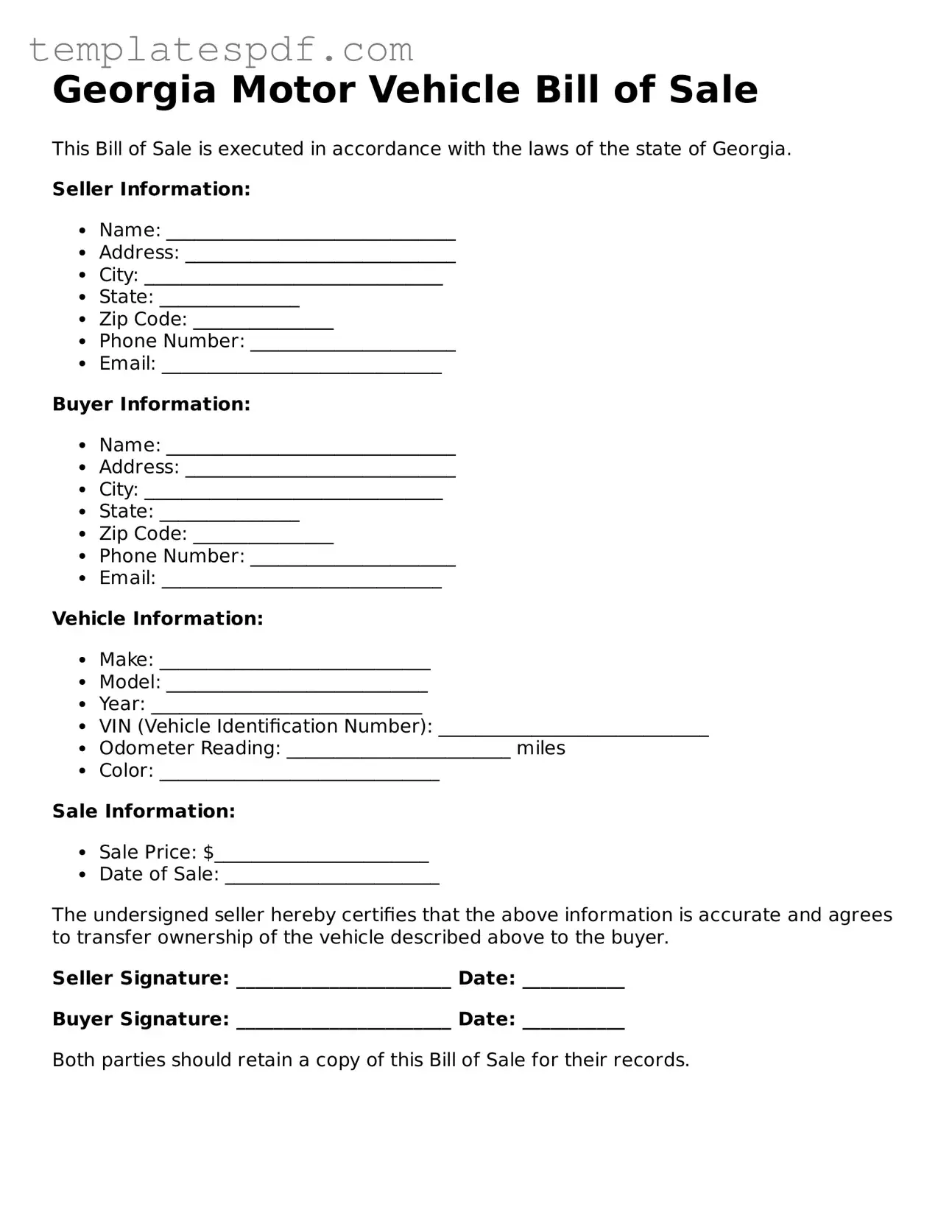 Official  Motor Vehicle Bill of Sale Form for Georgia