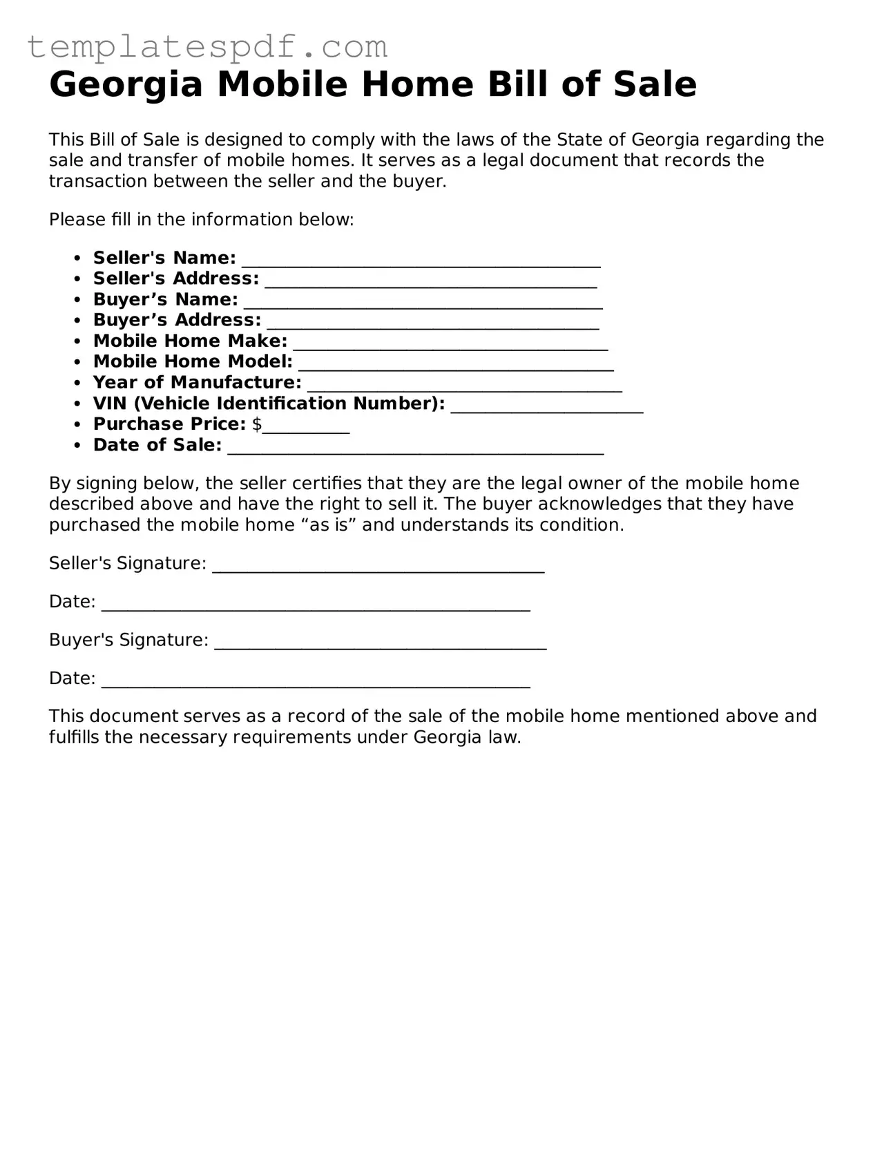 Official  Mobile Home Bill of Sale Form for Georgia