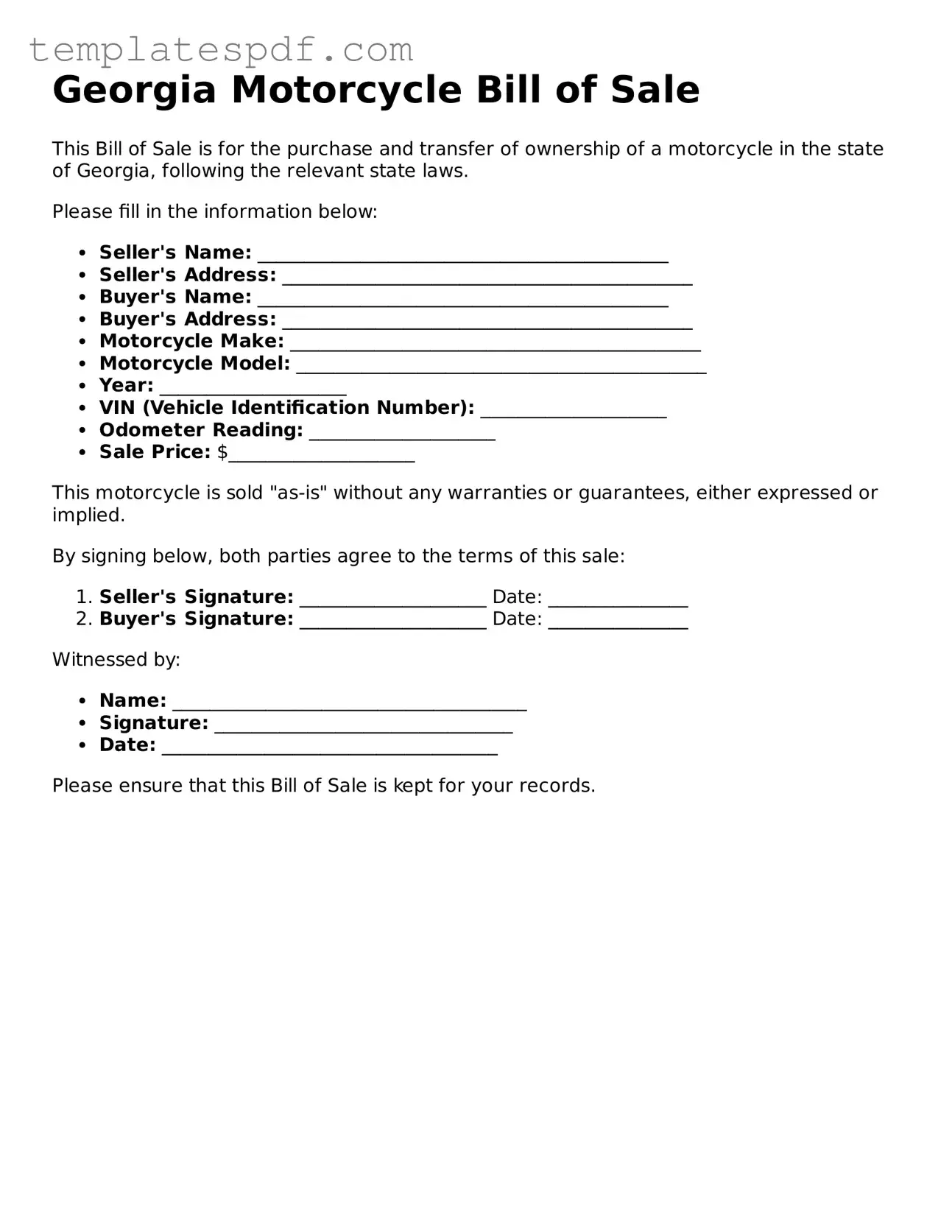 Official  Motorcycle Bill of Sale Form for Georgia