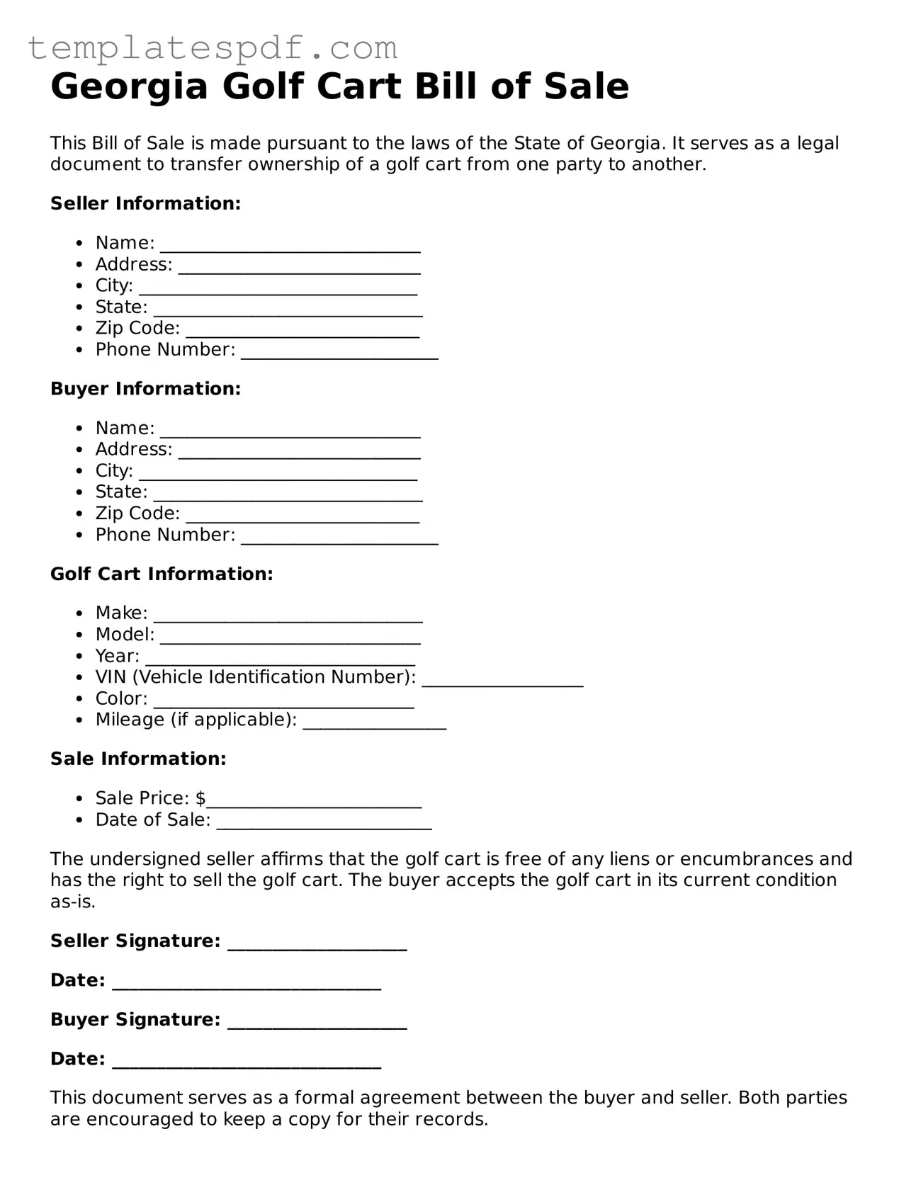 Official  Golf Cart Bill of Sale Form for Georgia