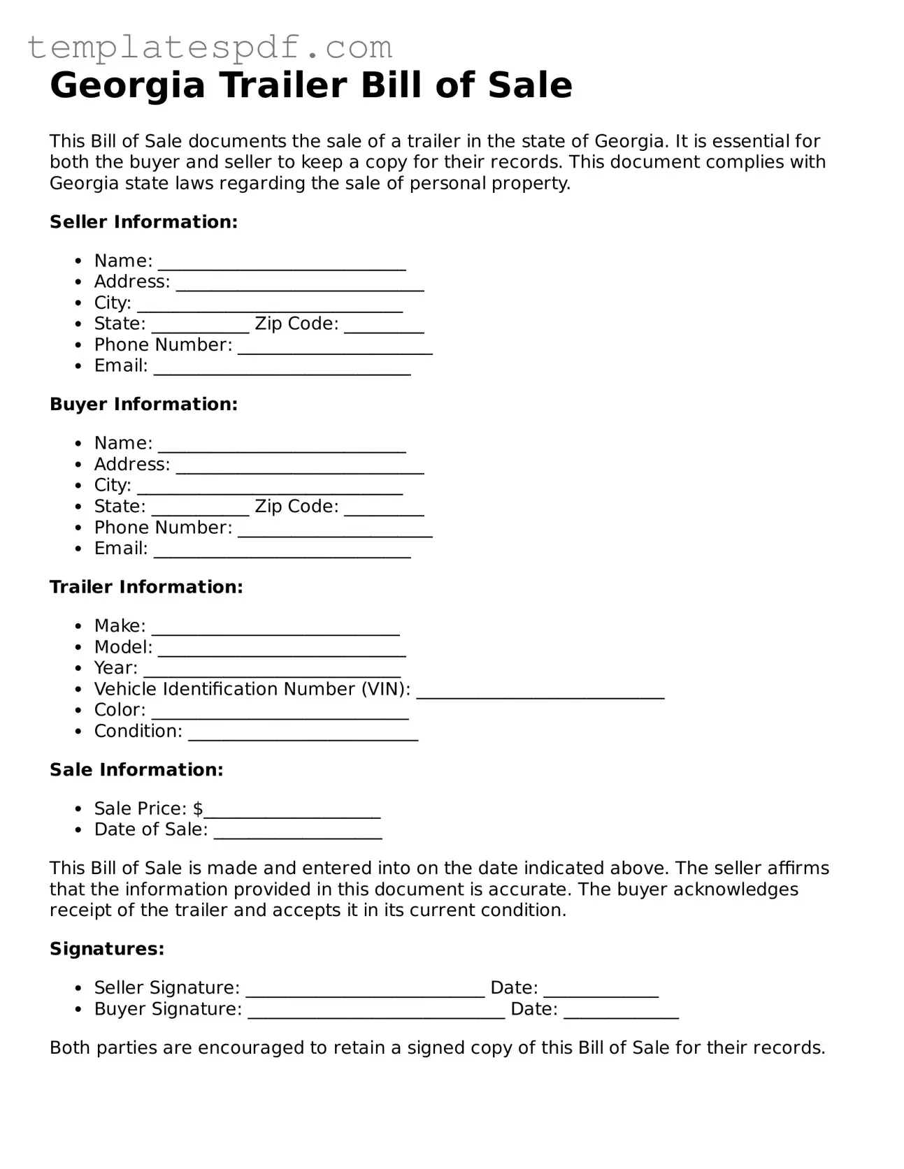 Official  Trailer Bill of Sale Form for Georgia