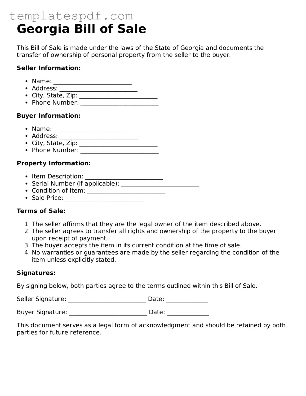 Official  Bill of Sale Form for Georgia