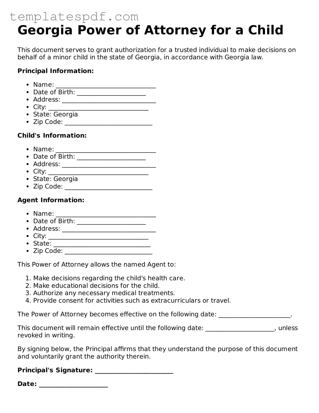 Official  Power of Attorney for a Child Form for Georgia
