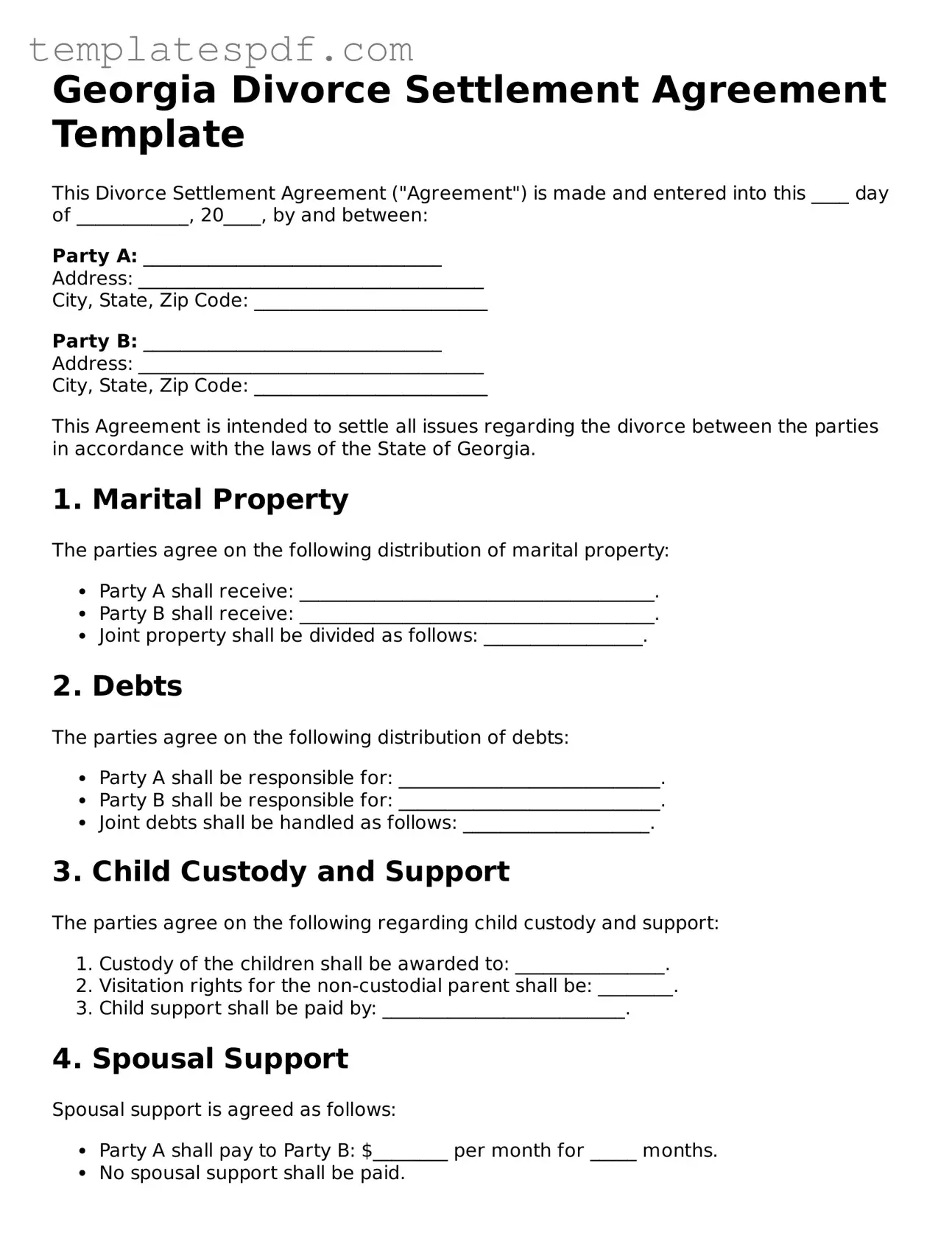 Official  Divorce Settlement Agreement Form for Georgia