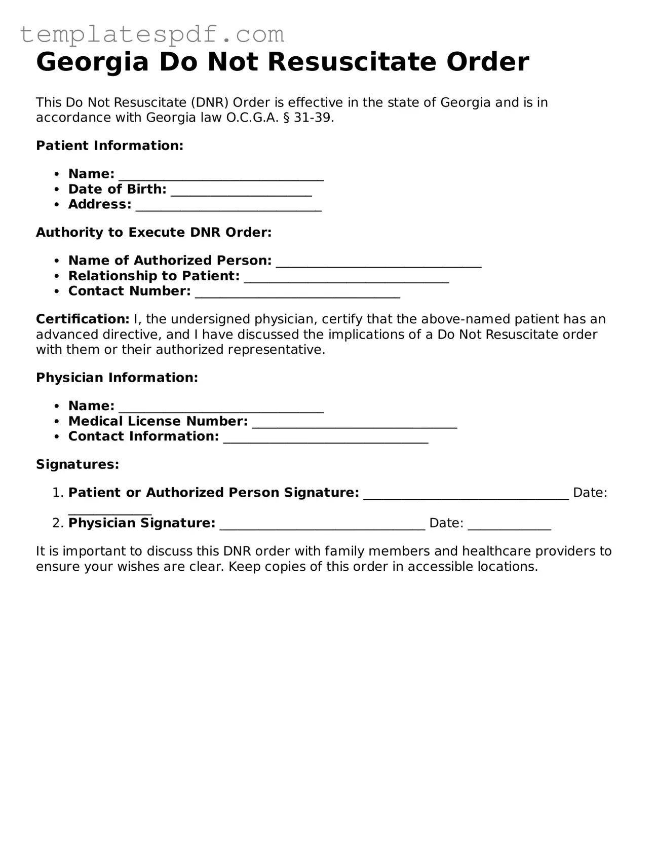 Official  Do Not Resuscitate Order Form for Georgia