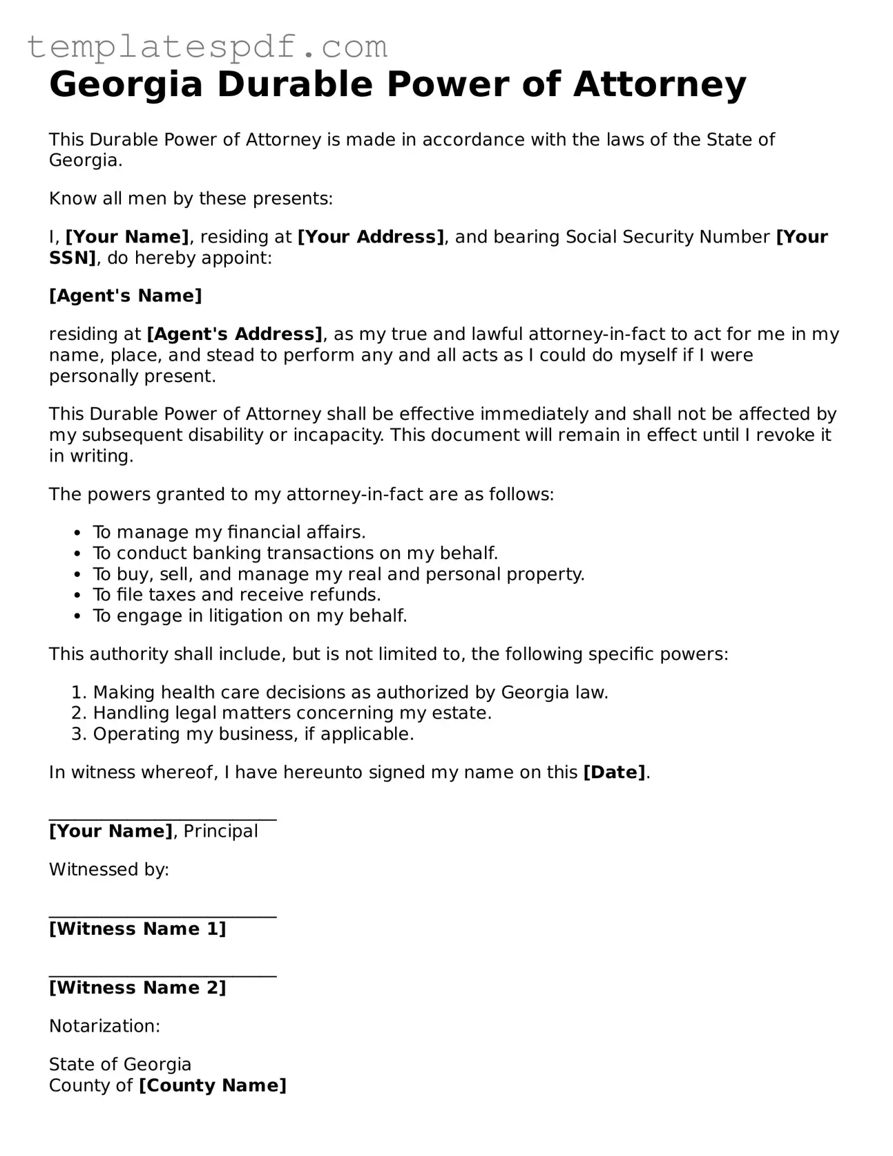 Official  Durable Power of Attorney Form for Georgia