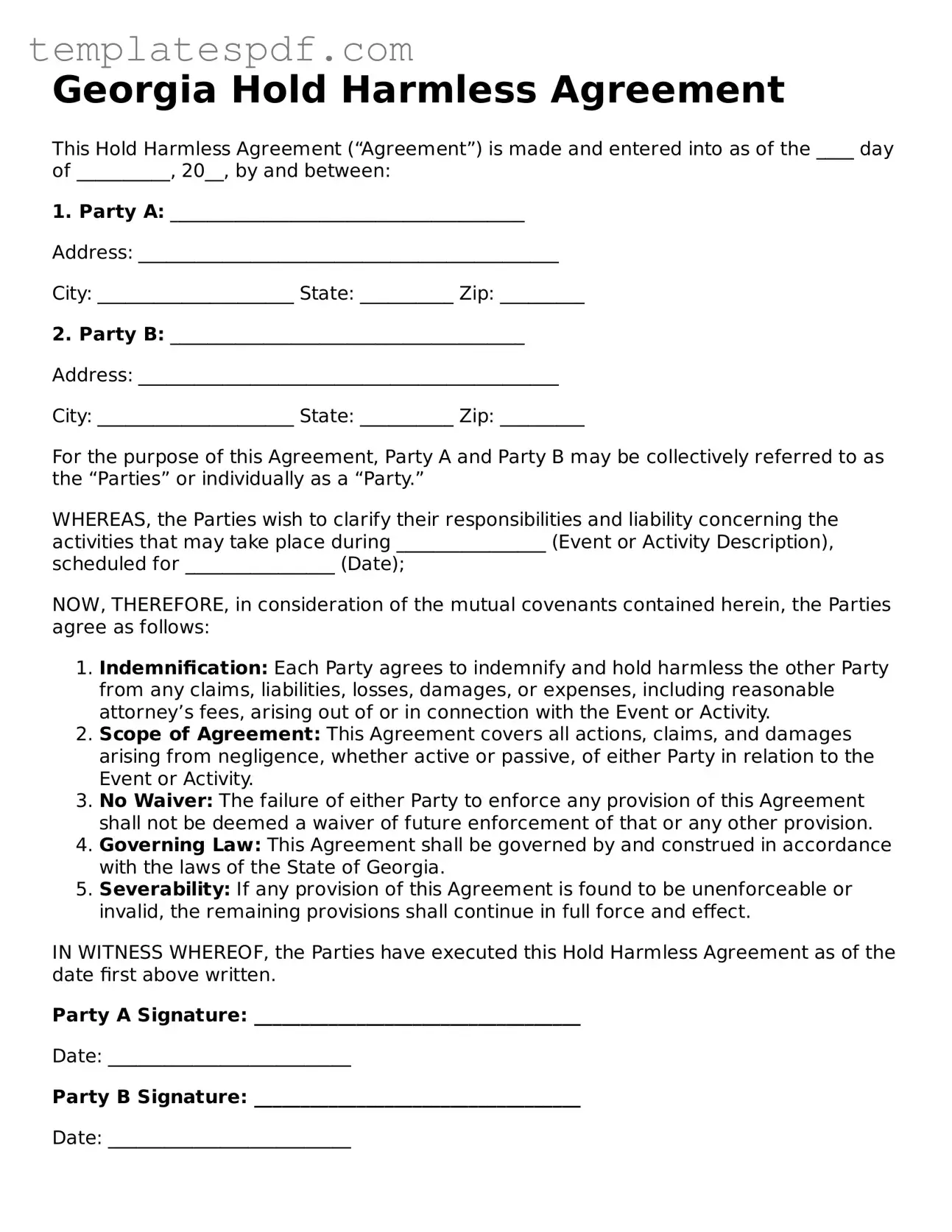 Official  Hold Harmless Agreement Form for Georgia