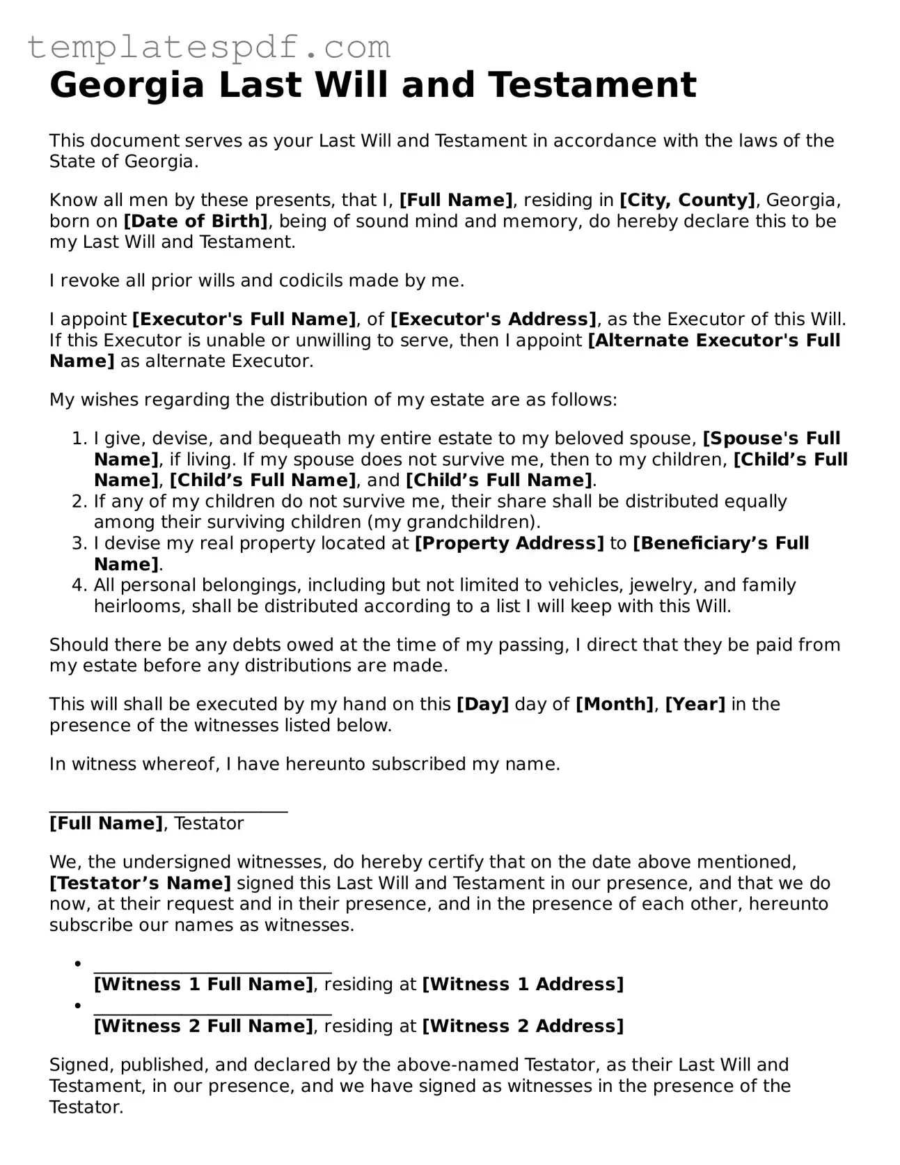 Official  Last Will and Testament Form for Georgia