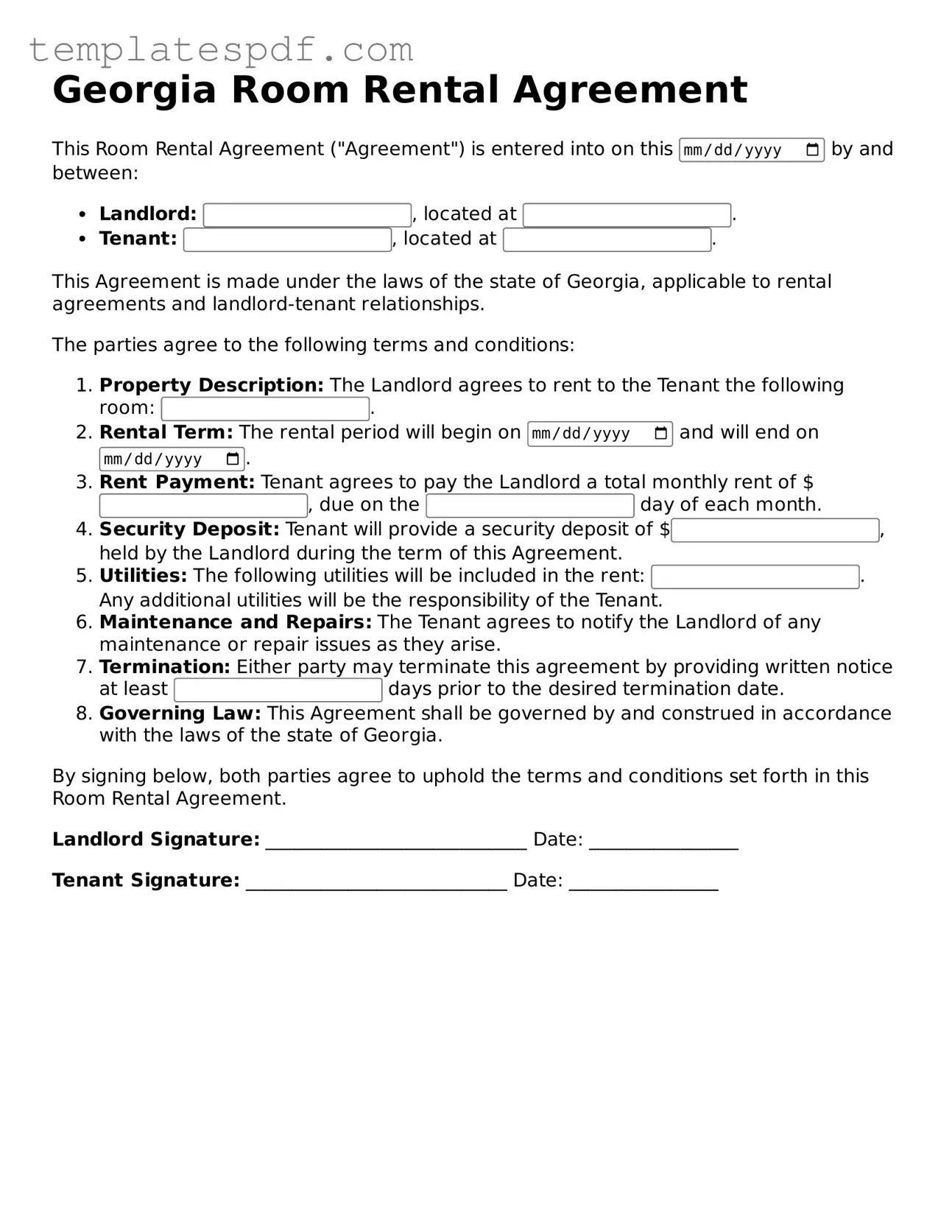 Official  Room Rental Agreement Form for Georgia