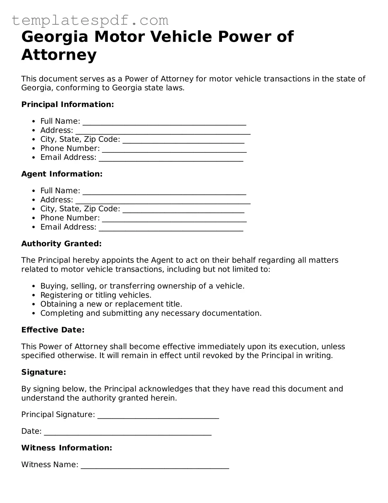 Official  Motor Vehicle Power of Attorney Form for Georgia