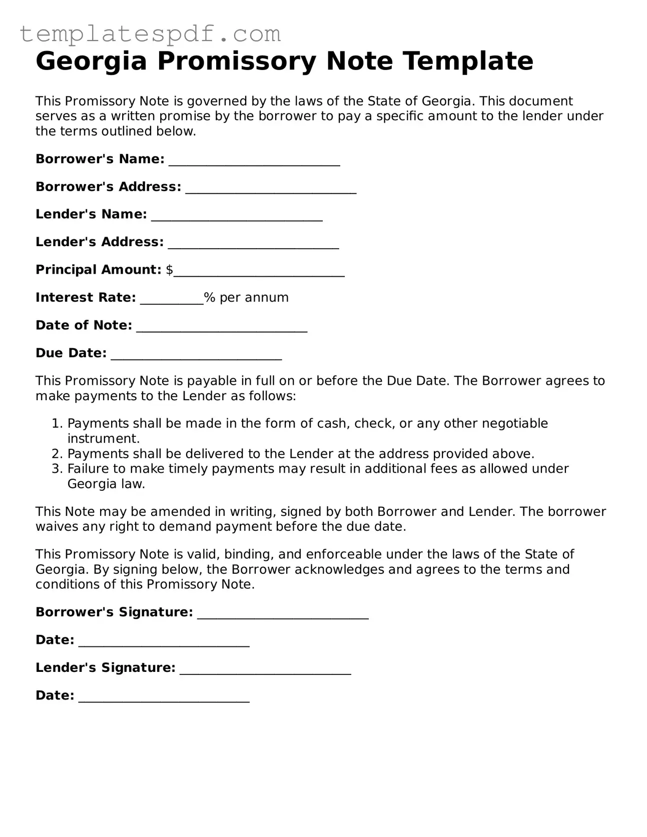 Official  Promissory Note Form for Georgia