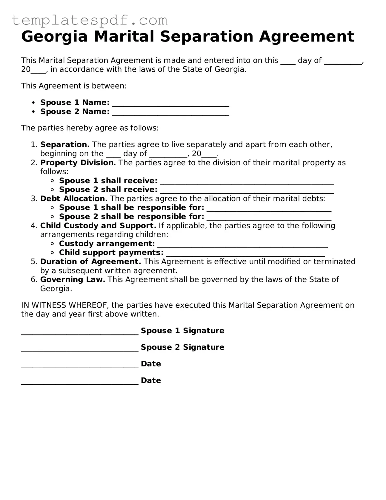 Official  Marital Separation Agreement Form for Georgia