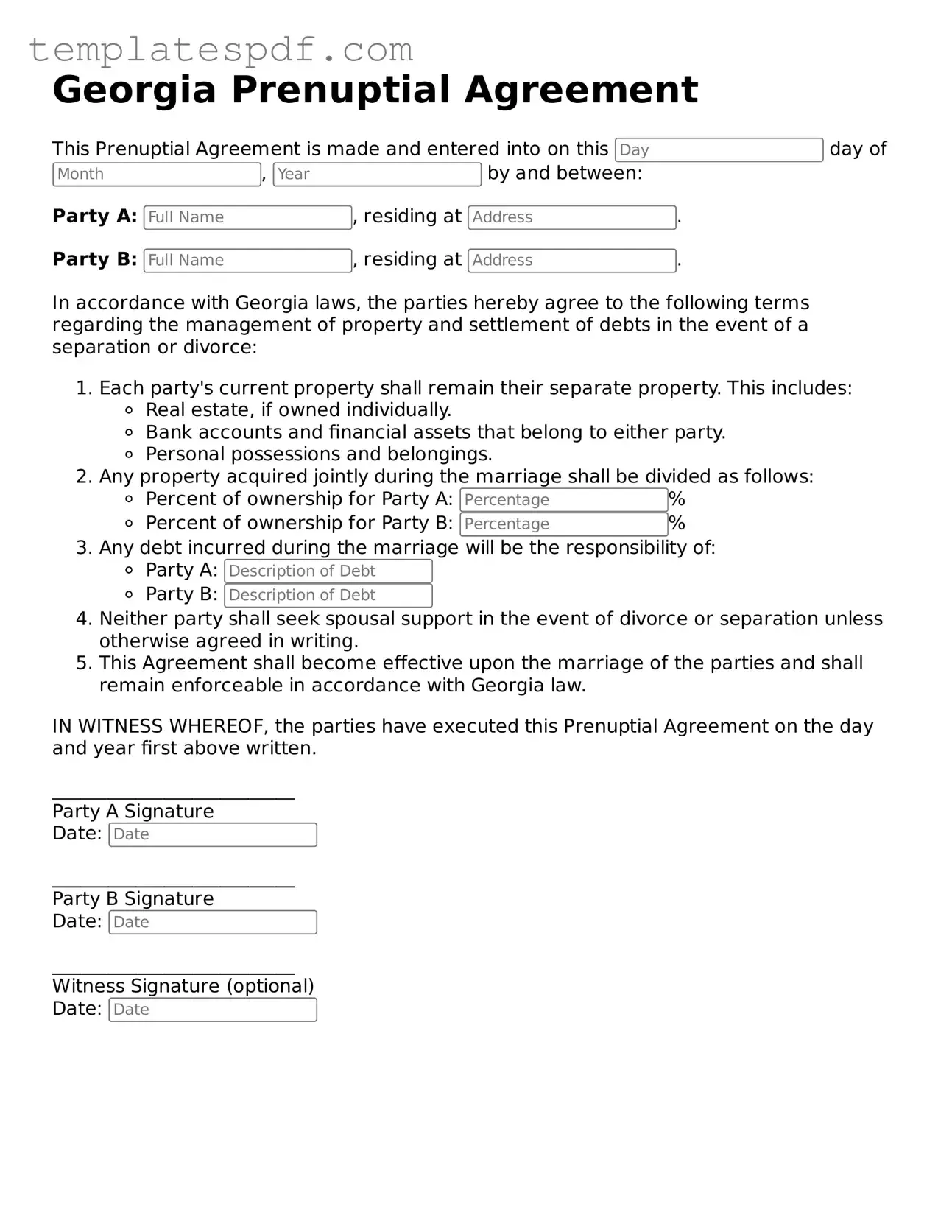 Official  Prenuptial Agreement Form for Georgia