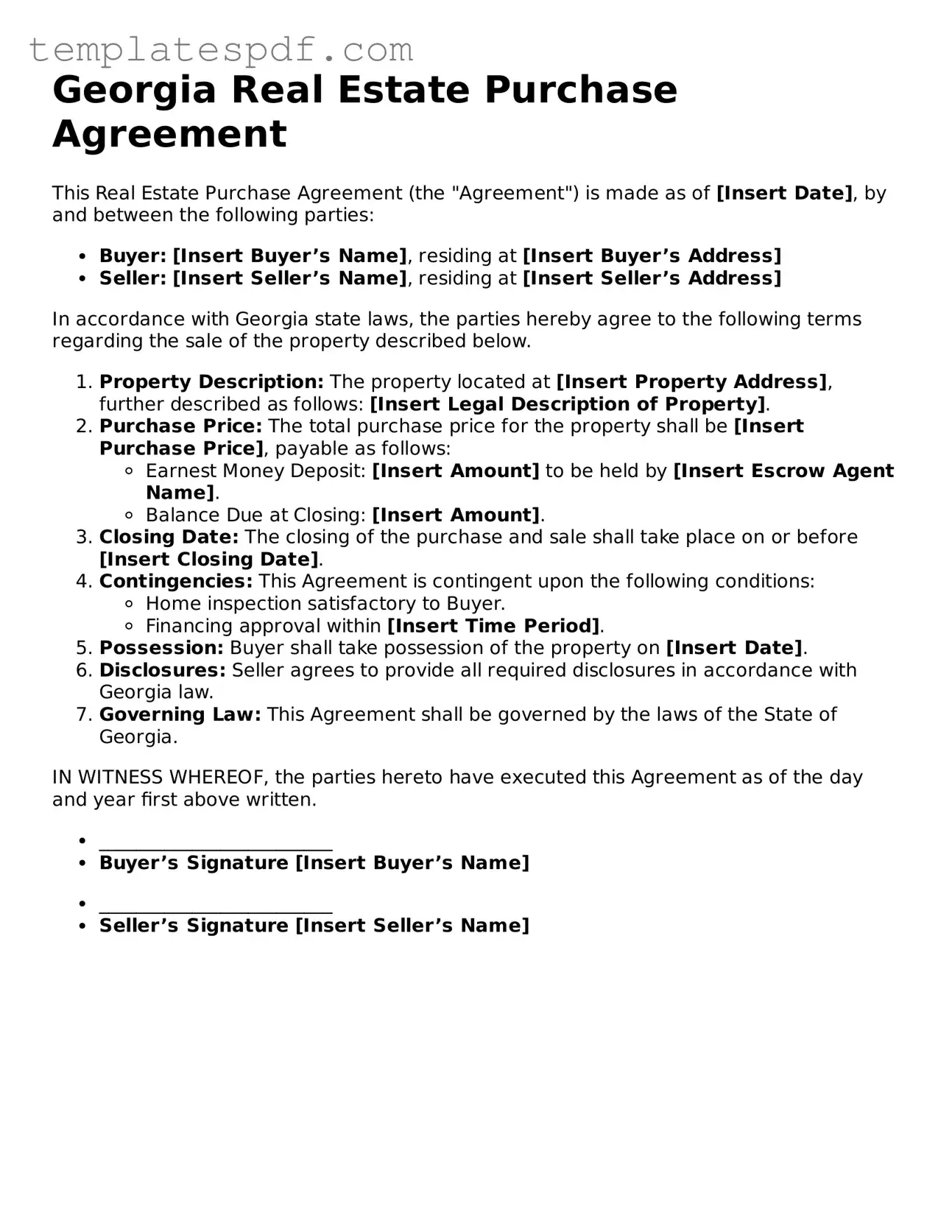 Official  Real Estate Purchase Agreement Form for Georgia