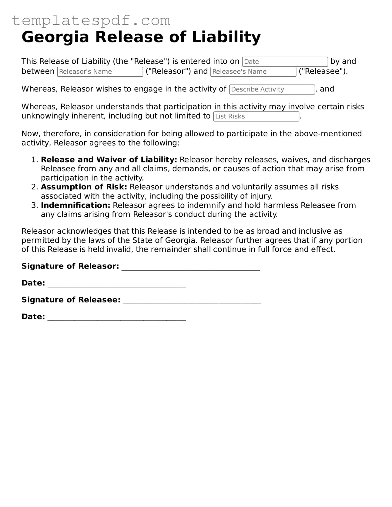 Official  Release of Liability Form for Georgia