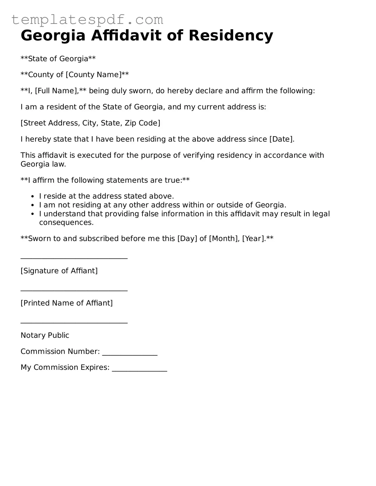 Official  Affidavit of Residency Form for Georgia