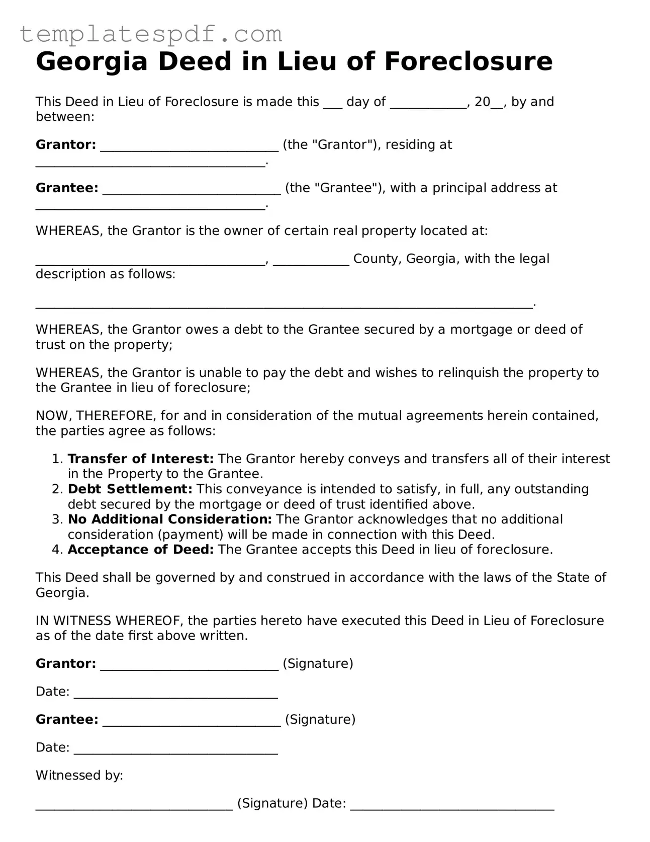 Official  Deed in Lieu of Foreclosure Form for Georgia