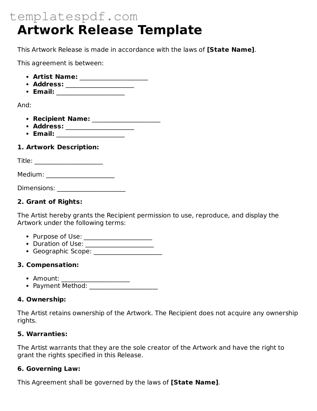 Printable Artwork Release Form