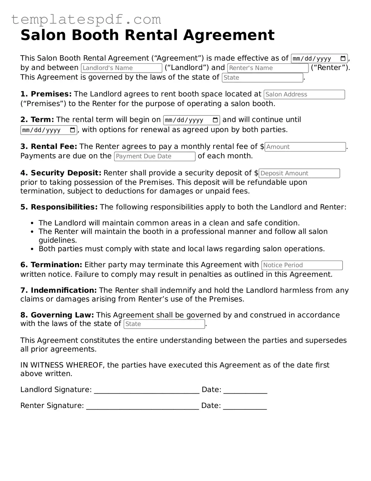 Printable Salon Booth Rental Agreement Form