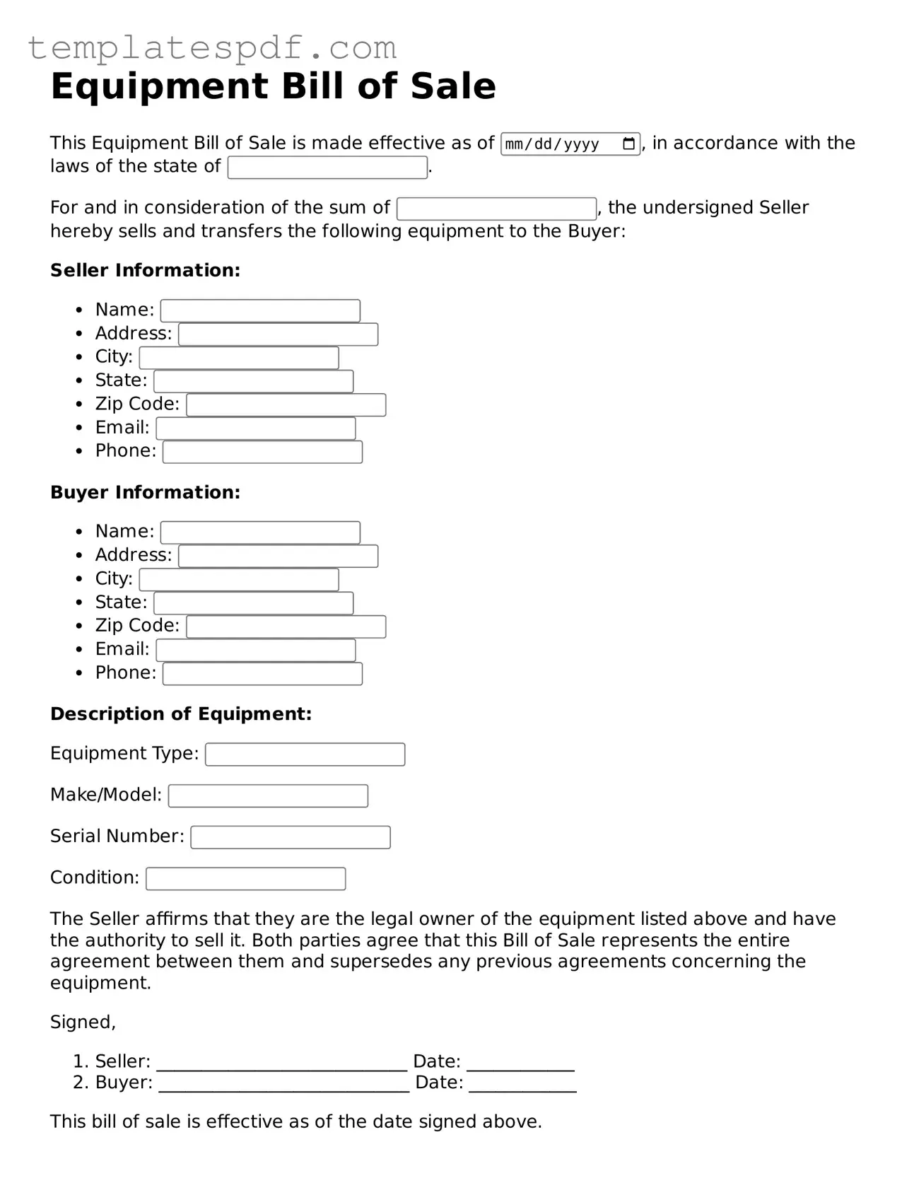 Printable Equipment Bill of Sale Form