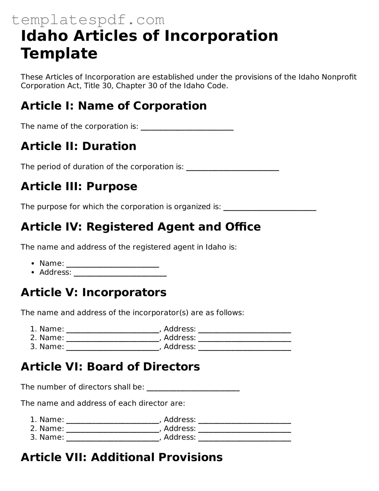 Official  Articles of Incorporation Form for Idaho