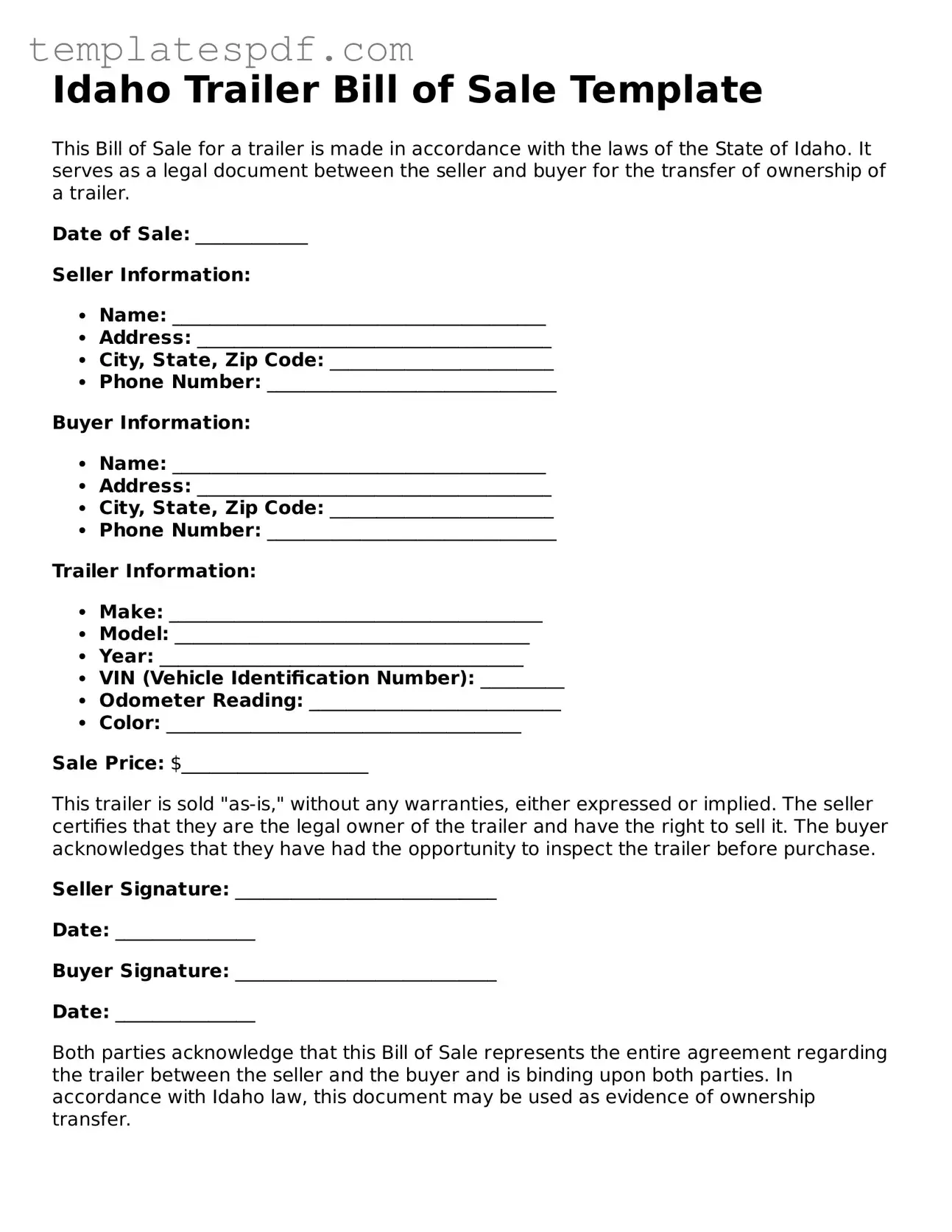 Official  Trailer Bill of Sale Form for Idaho
