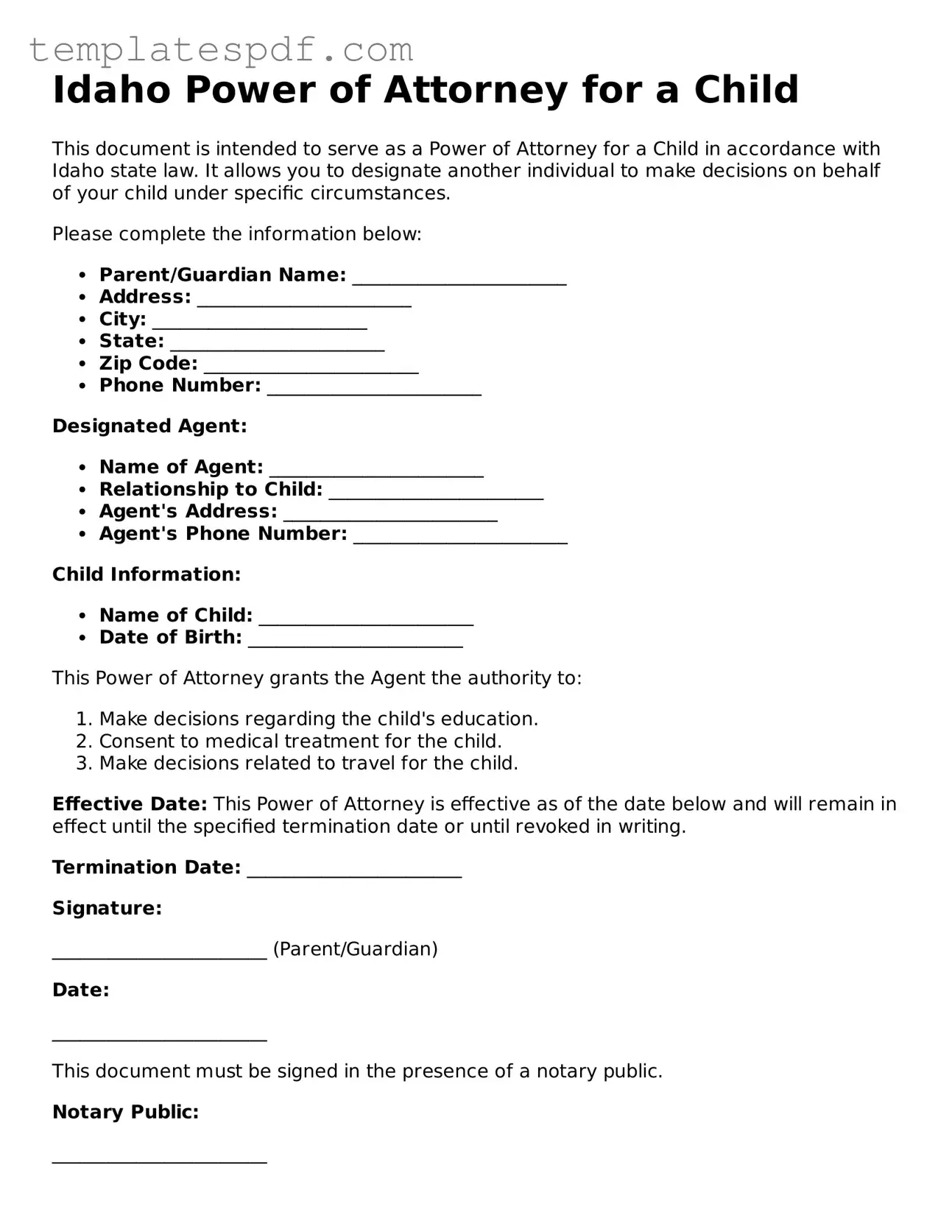 Official  Power of Attorney for a Child Form for Idaho