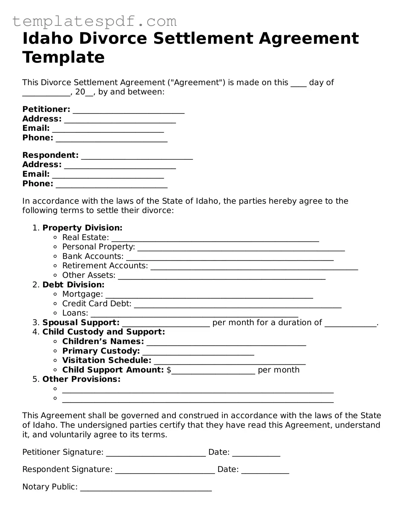 Official  Divorce Settlement Agreement Form for Idaho